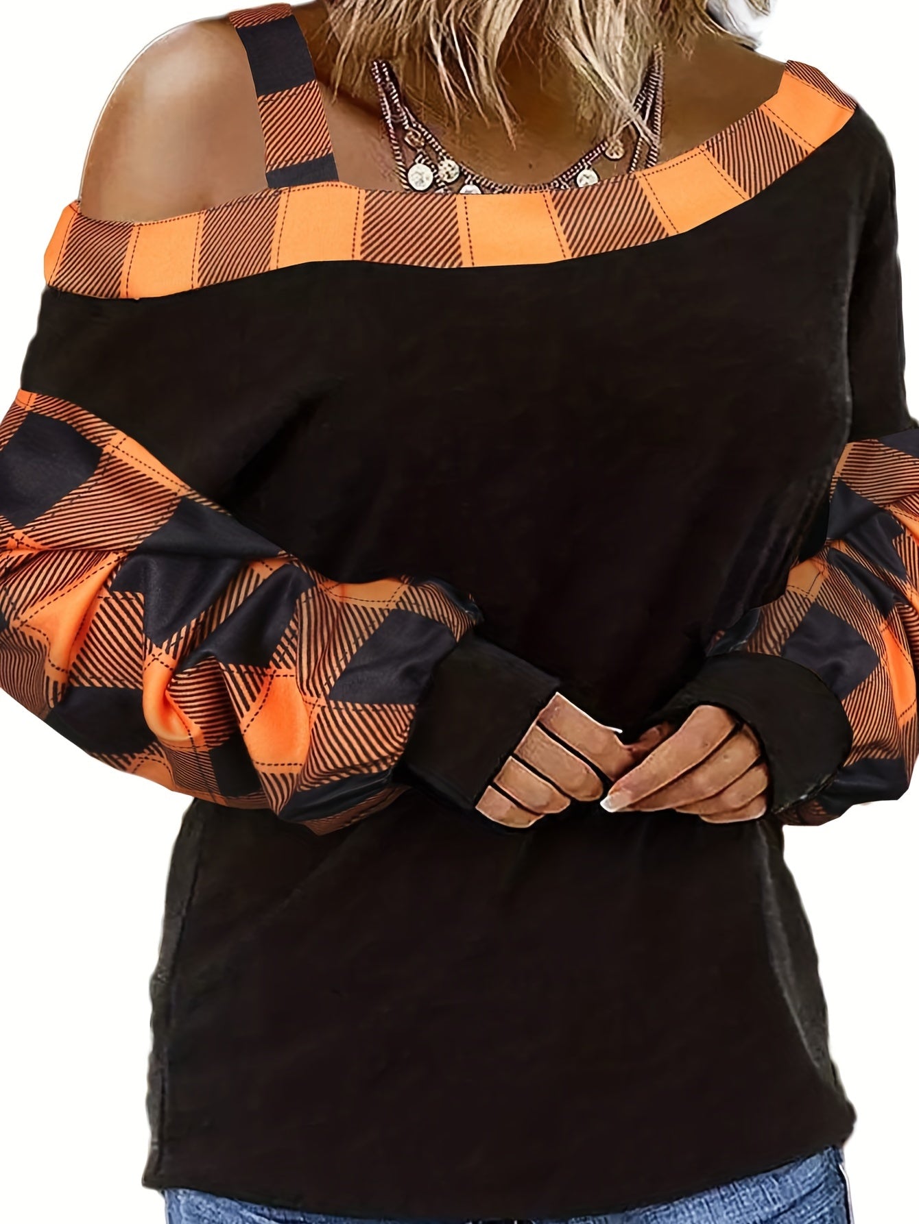 Plus Size Casual Top, Women's Plus Colorblock Gingham Print One Shoulder Long Sleeve Top