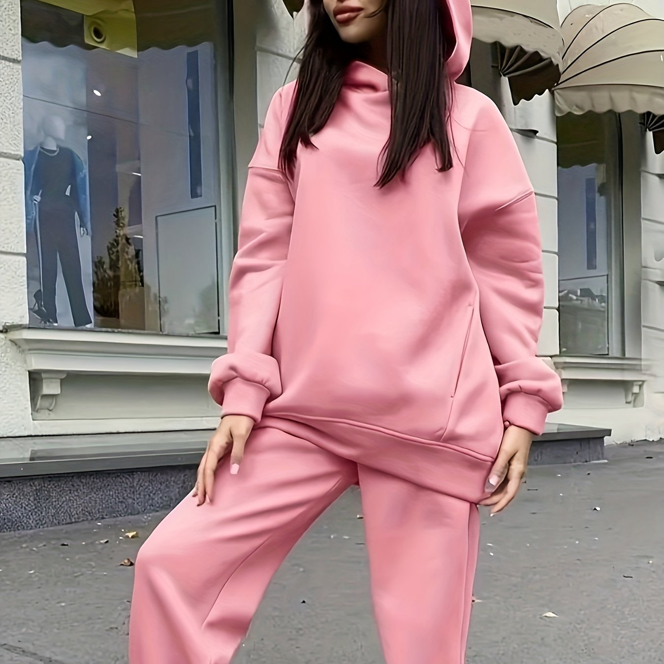 gbolsos Casual Sporty Two-piece Set, Pocket Hoodie Sweatshirt & Elastic High Waist Sweatpants Outfits, Women's Clothing