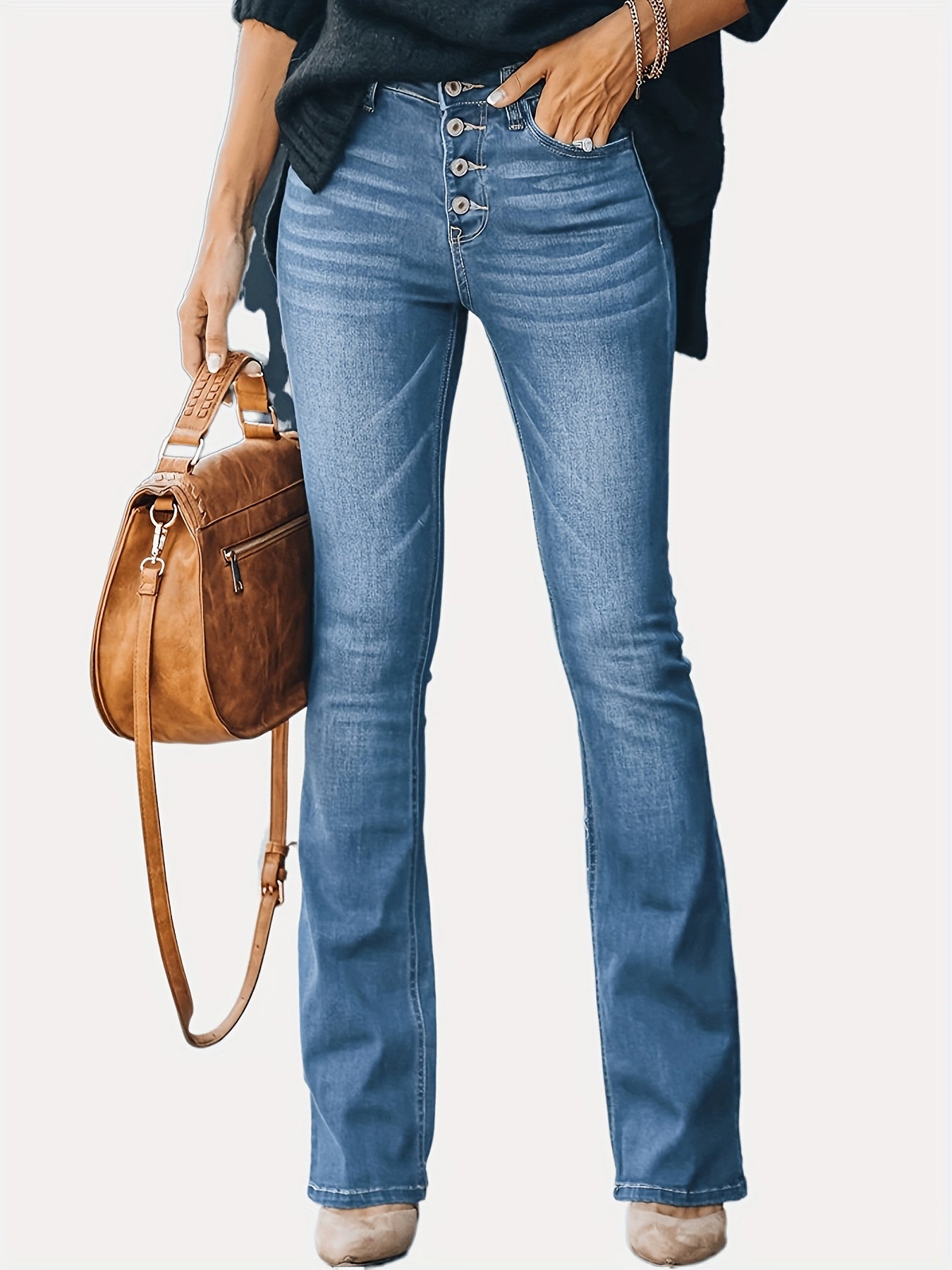 gbolsos Embossed Crotch Button Bell Bottom Jeans, Stretchy Slim Fitting Slash Pockets Bootcut Pants, Women's Denim & Clothing