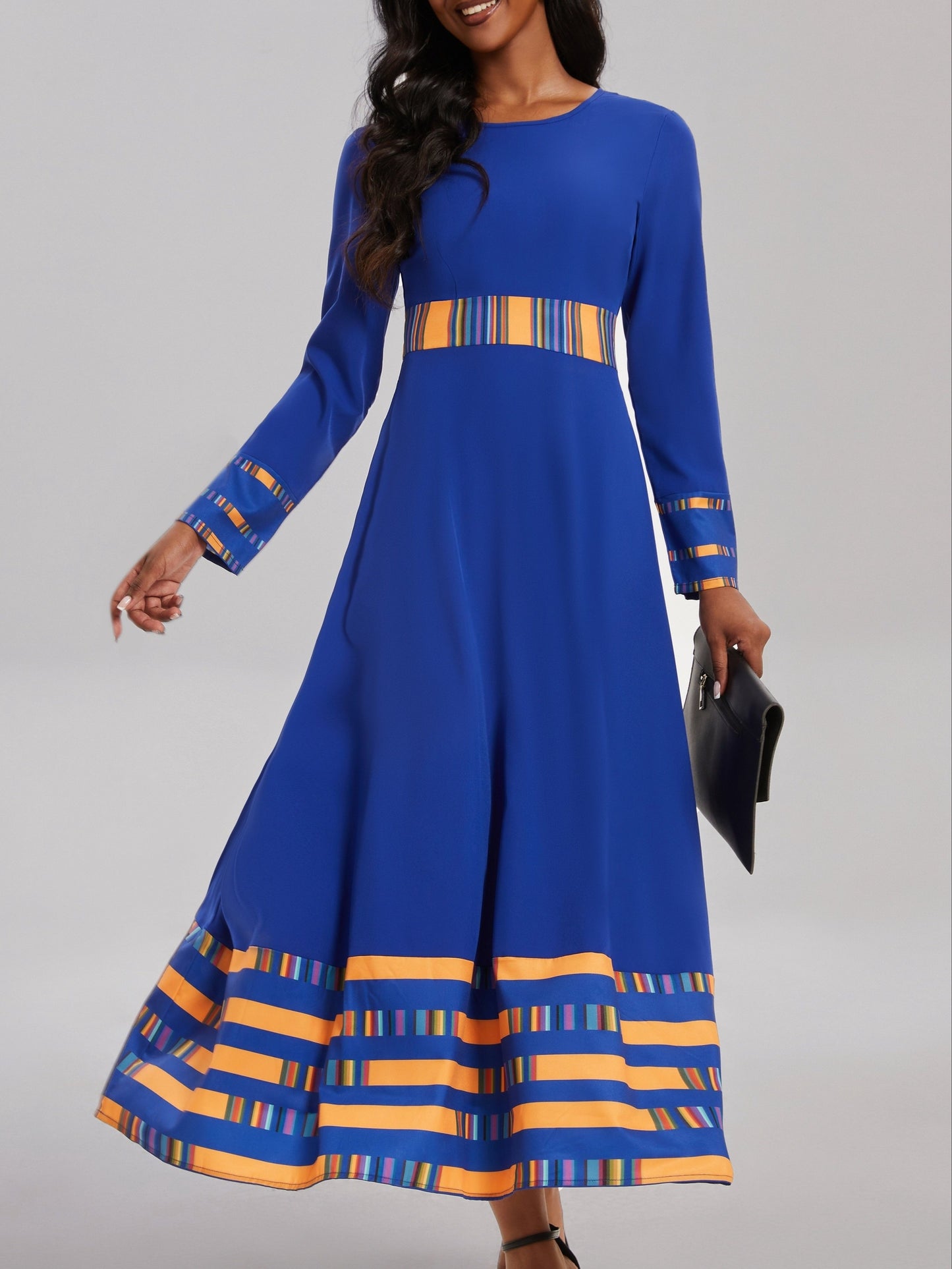 gbolsos Striped & Color Block Ankle Dress, Casual Crew Neck Long Sleeve Dress, Women's Clothing