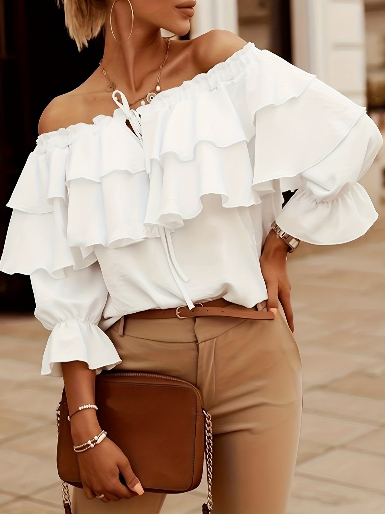 gbolsos Ruffle Trim Layered Blouse, Sexy Off Shoulder Solid Blouse, Women's Clothing
