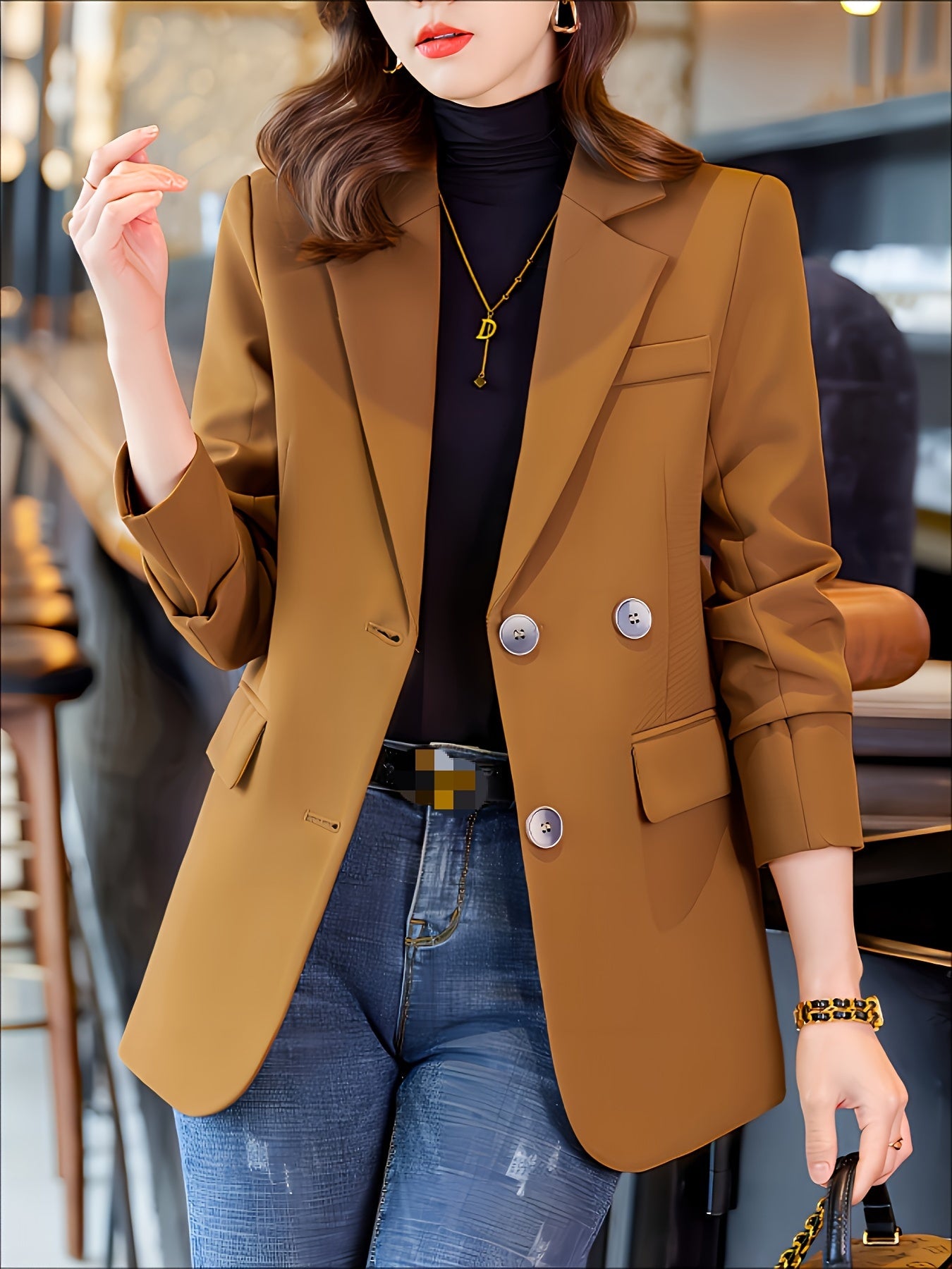 gbolsos Solid Color Open Front Blazer, Elegant Lapel Neck Double Breasted Long Sleeve Split Blazer For Every Day, Women's Clothing