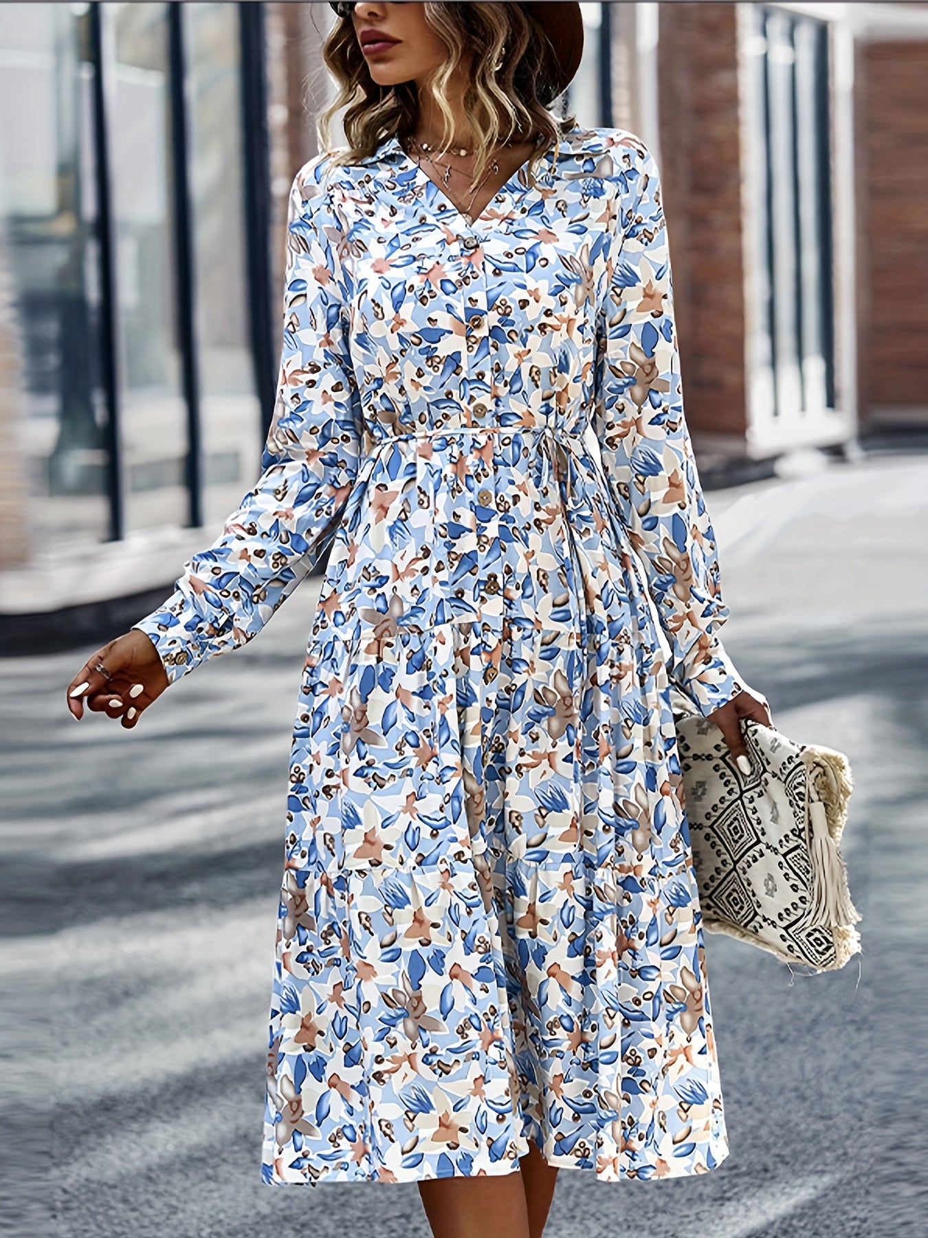 gbolsos Floral Print Button Front Dress, Boho Long Sleeve V Neck Dress, Women's Clothing