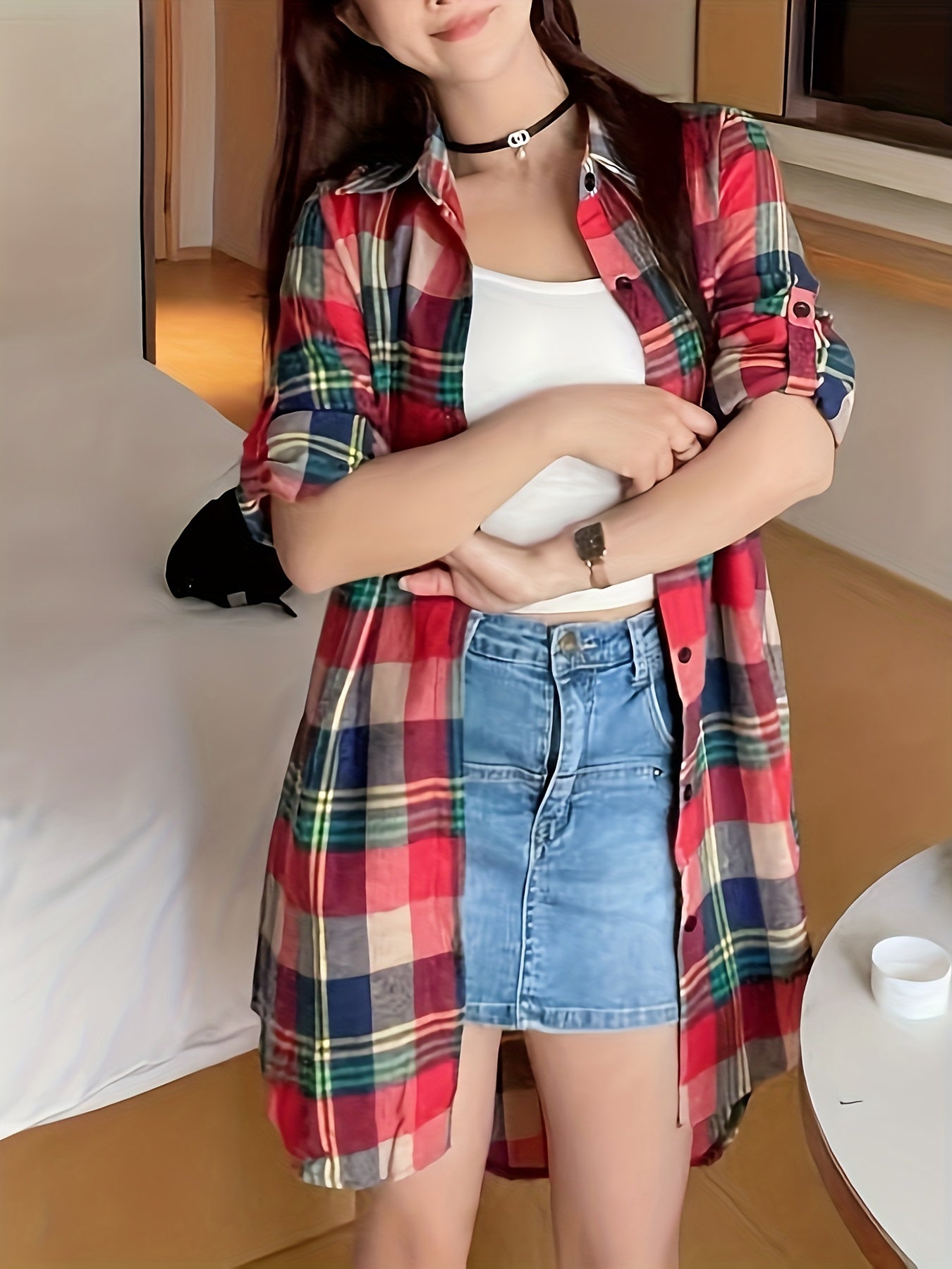 gbolsos Plaid Print Button Front Shirt, Thigh Length Long Sleeve Shirt For Spring & Fall, Women's Clothing