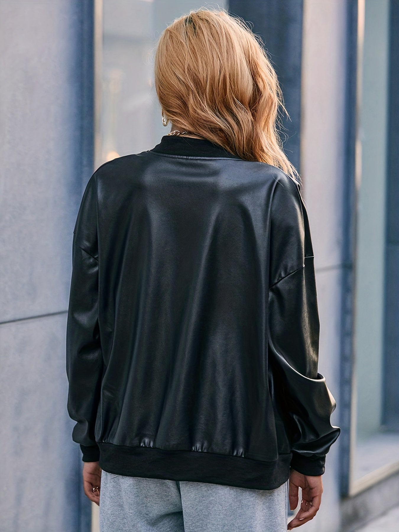 Solid Zip Up Bomber Jacket, Casual Long Sleeve Versatile Outerwear, Women's Clothing