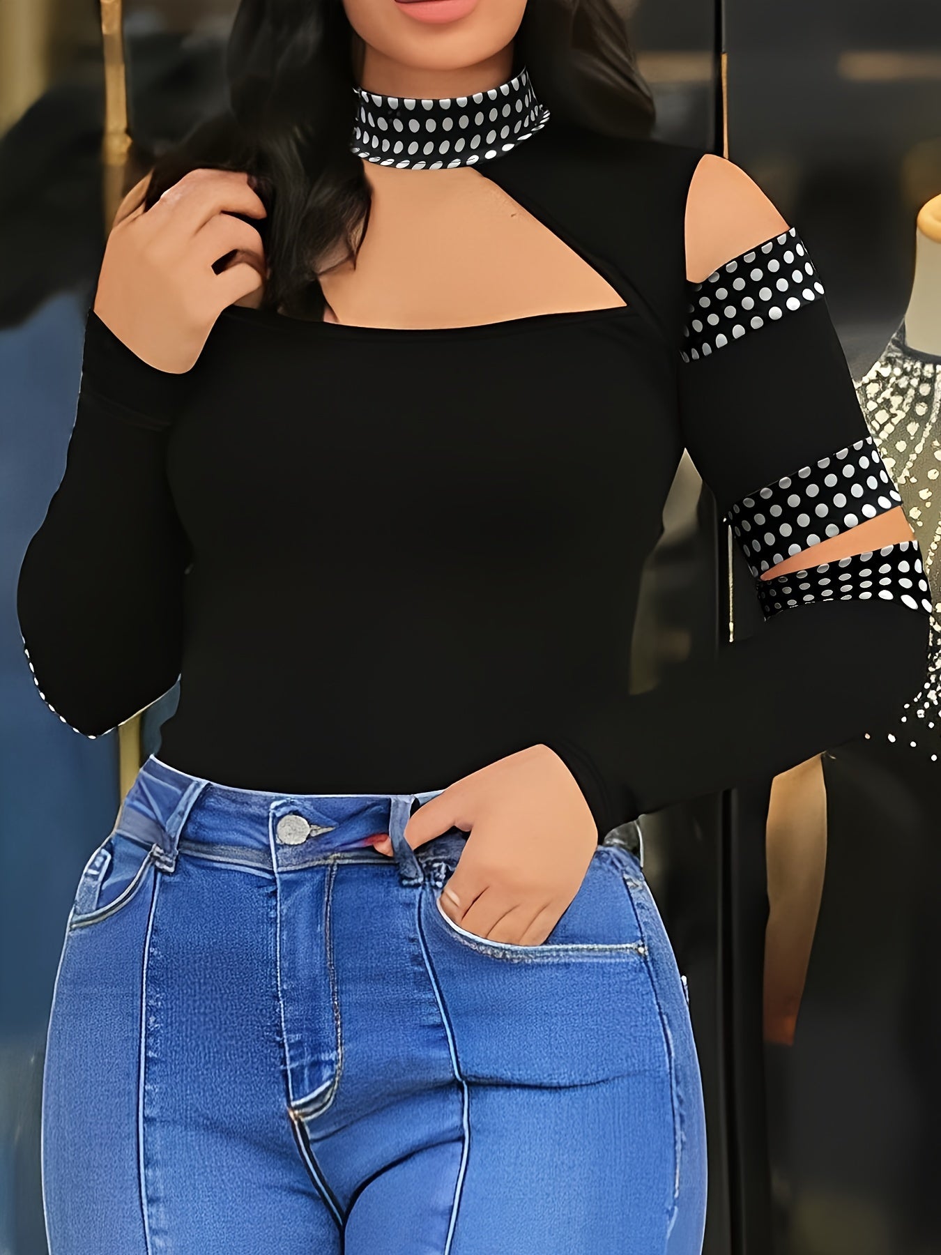 gbolsos Plus Size Sexy T-shirt, Women's Plus Colorblock Dot Print Cut Out Long Sleeve High Neck Medium Stretch Top
