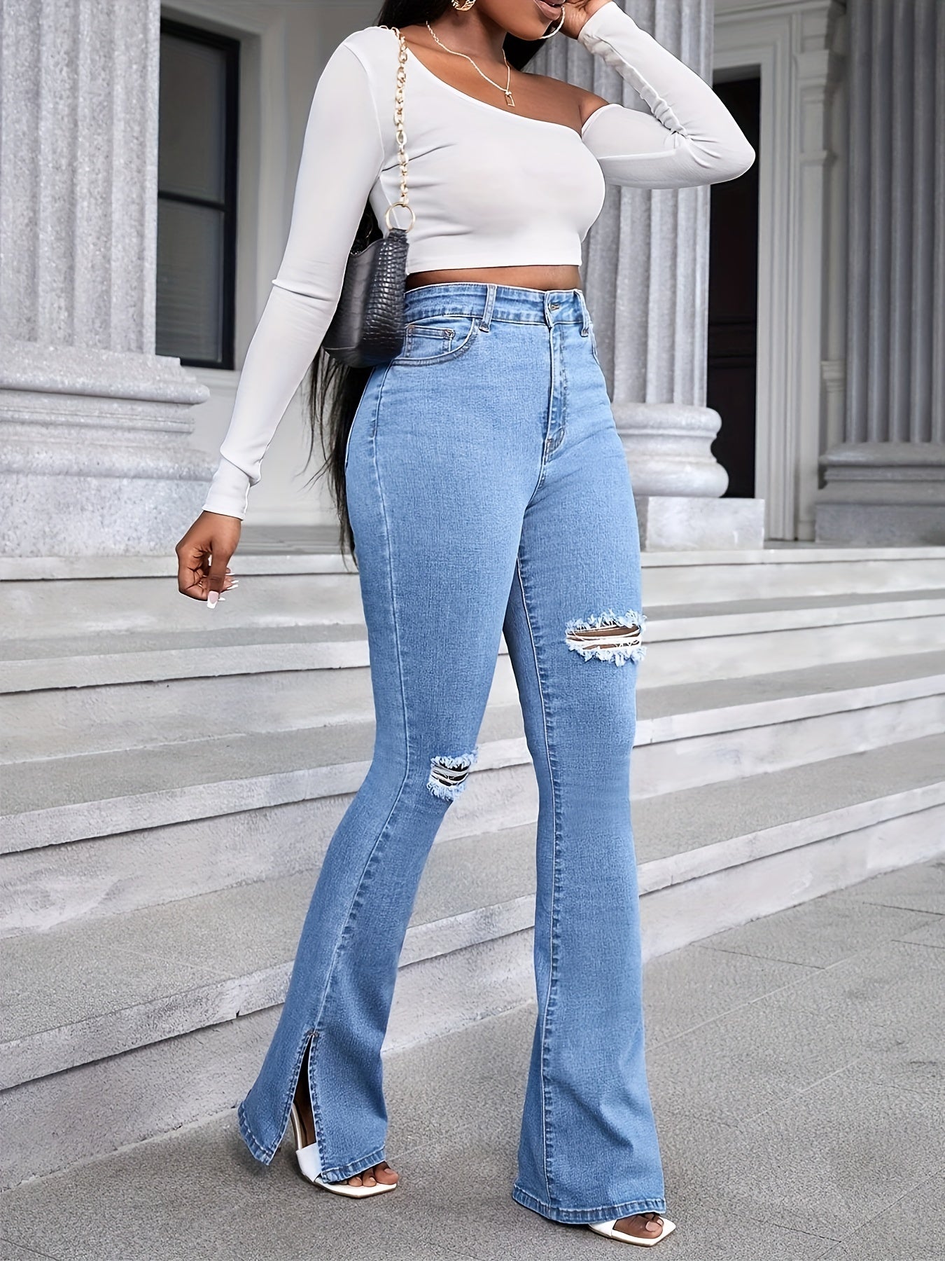 gbolsos Light Blue Ripped Flared Jeans, Bell Bottom High Waist Wide Legs Split Denim Pants, Women's Denim Jeans & Clothing