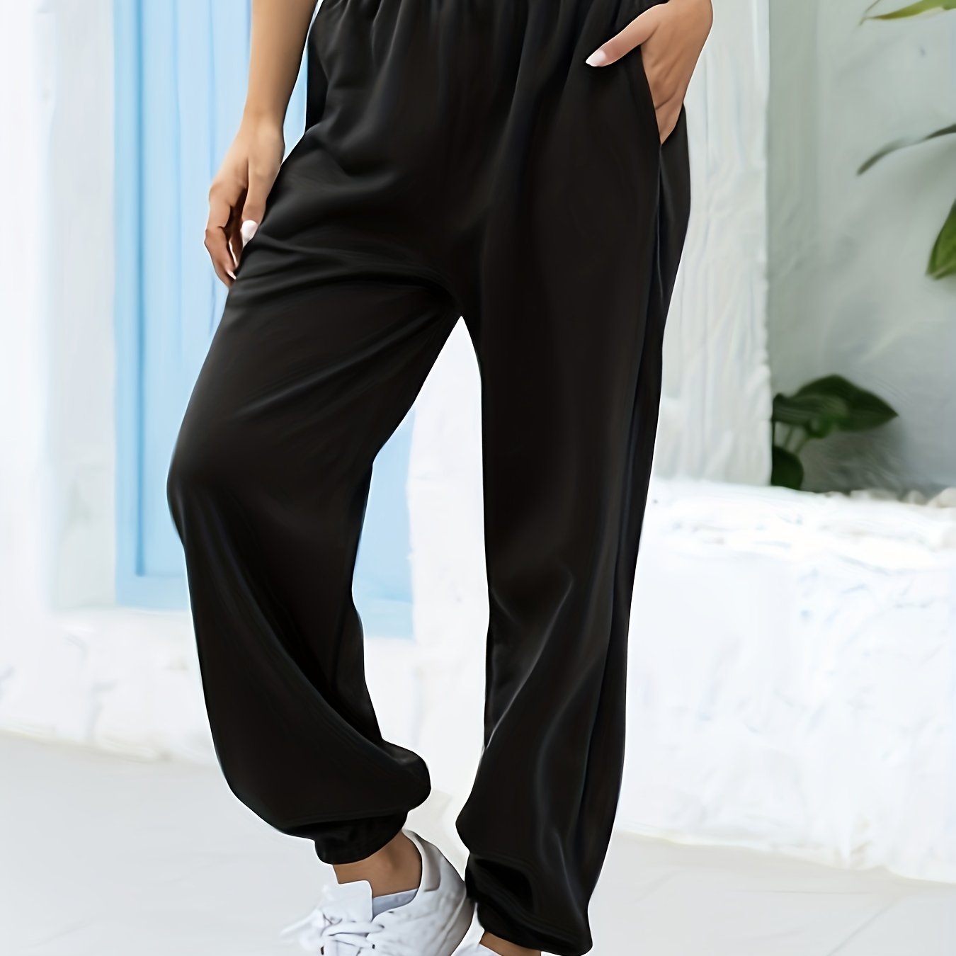 gbolsos Women's Solid Elastic Sweatpants, Casual High Waist Sweatpants, Casual Every Day Pants, Women's Clothing