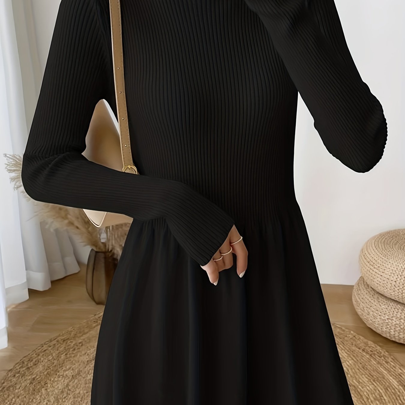gbolsos Solid Mock Neck Splicing Dress, Elegant Long Sleeve Aline Dress For Spring & Fall, Women's Clothing