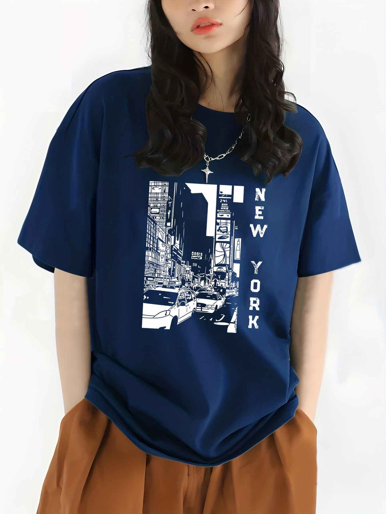 gbolsos City View & New York Letter Print Crew Neck Casual T-Shirt, Solid Color Short Sleeve Fashion Pullover Top, Women's Clothing
