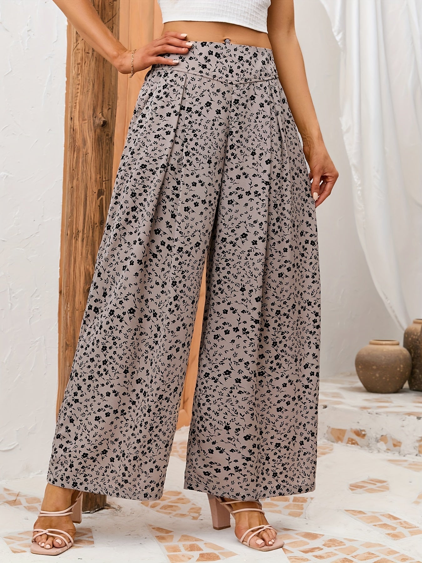 gbolsos Floral Print Wide Leg Pants, Casual Loose Pants For Spring & Summer, Women's Clothing