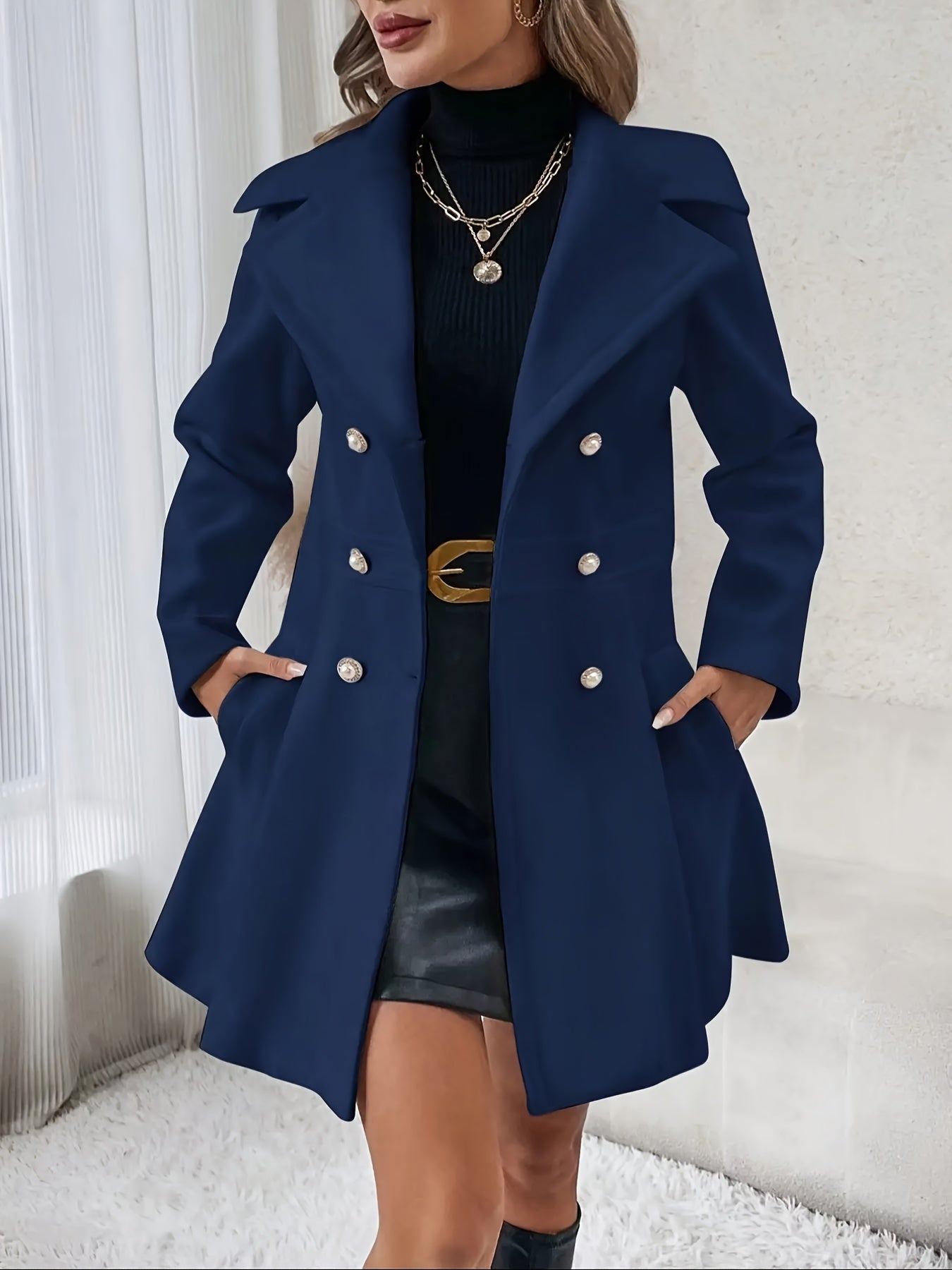 Double-breasted Flare Trench Coat, Elegant Solid Long Sleeve Lapel Coat For Fall & Winter, Women's Clothing