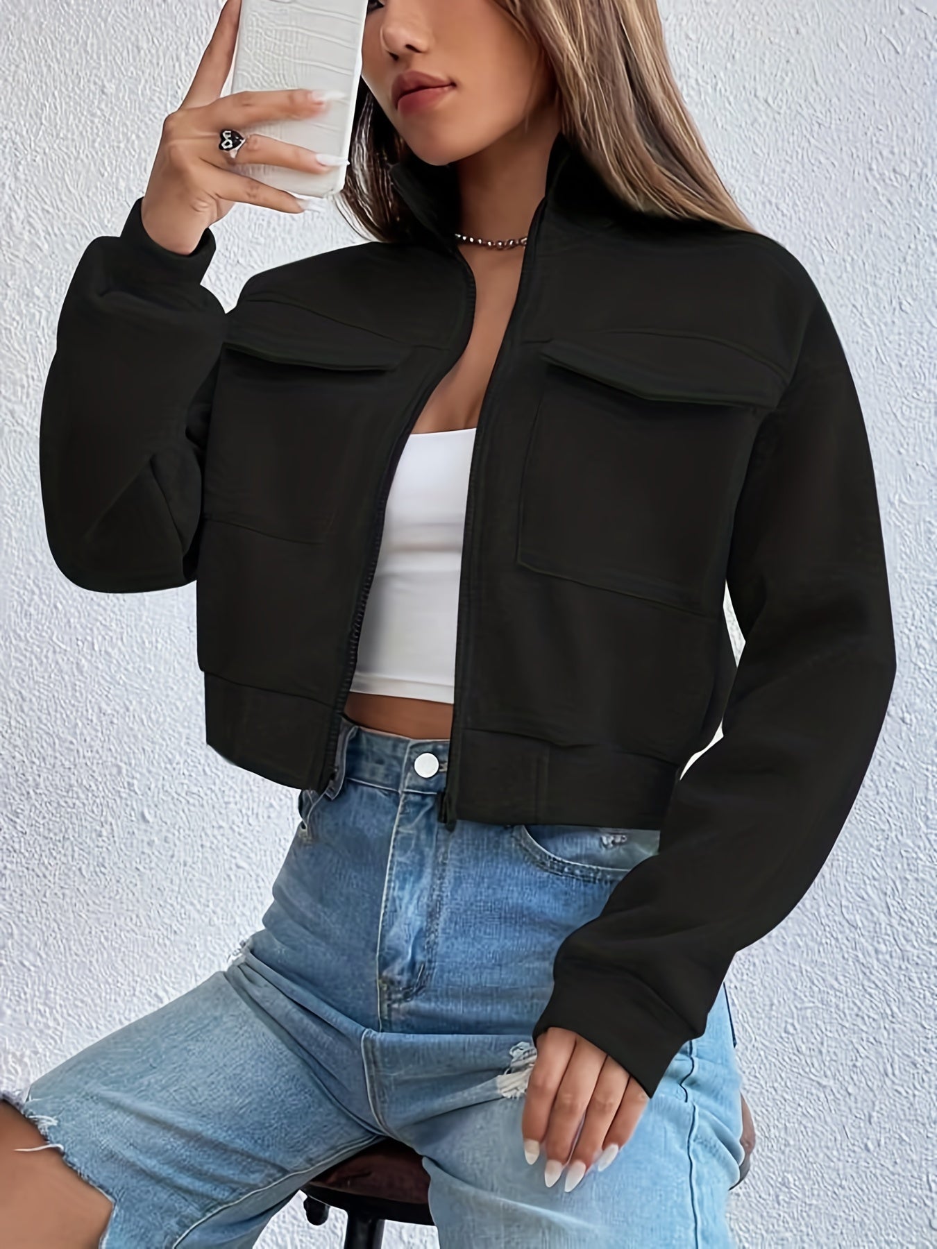 gbolsos Zip Front Flap Pockets Jacket, Casual Turtleneck Crop Jacket For Fall, Women's Clothing