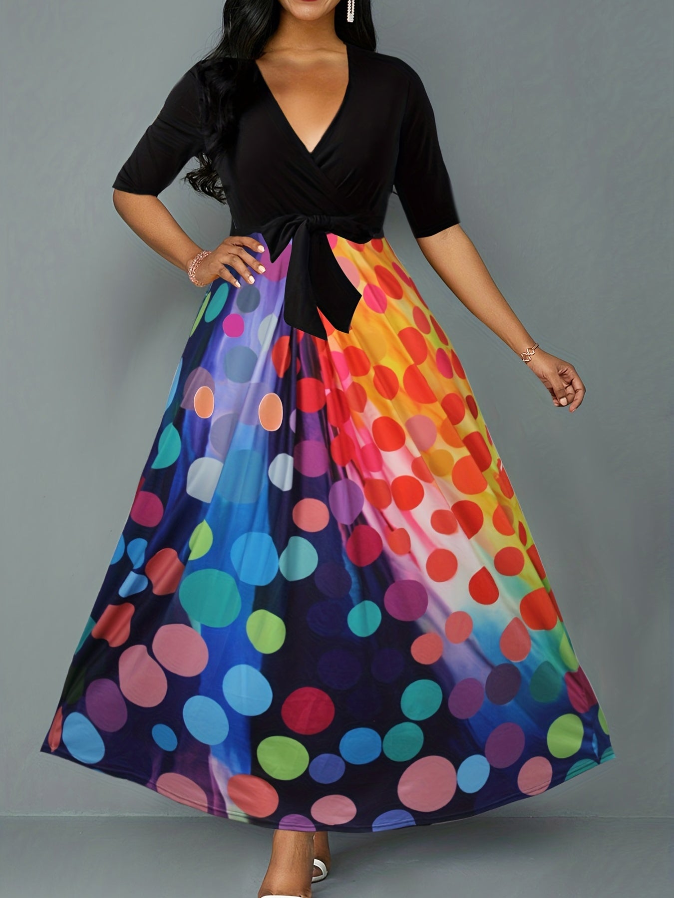 gbolsos Graphic Print Plunging Dress, Elegant Short Sleeve Maxi Dress, Women's Clothing