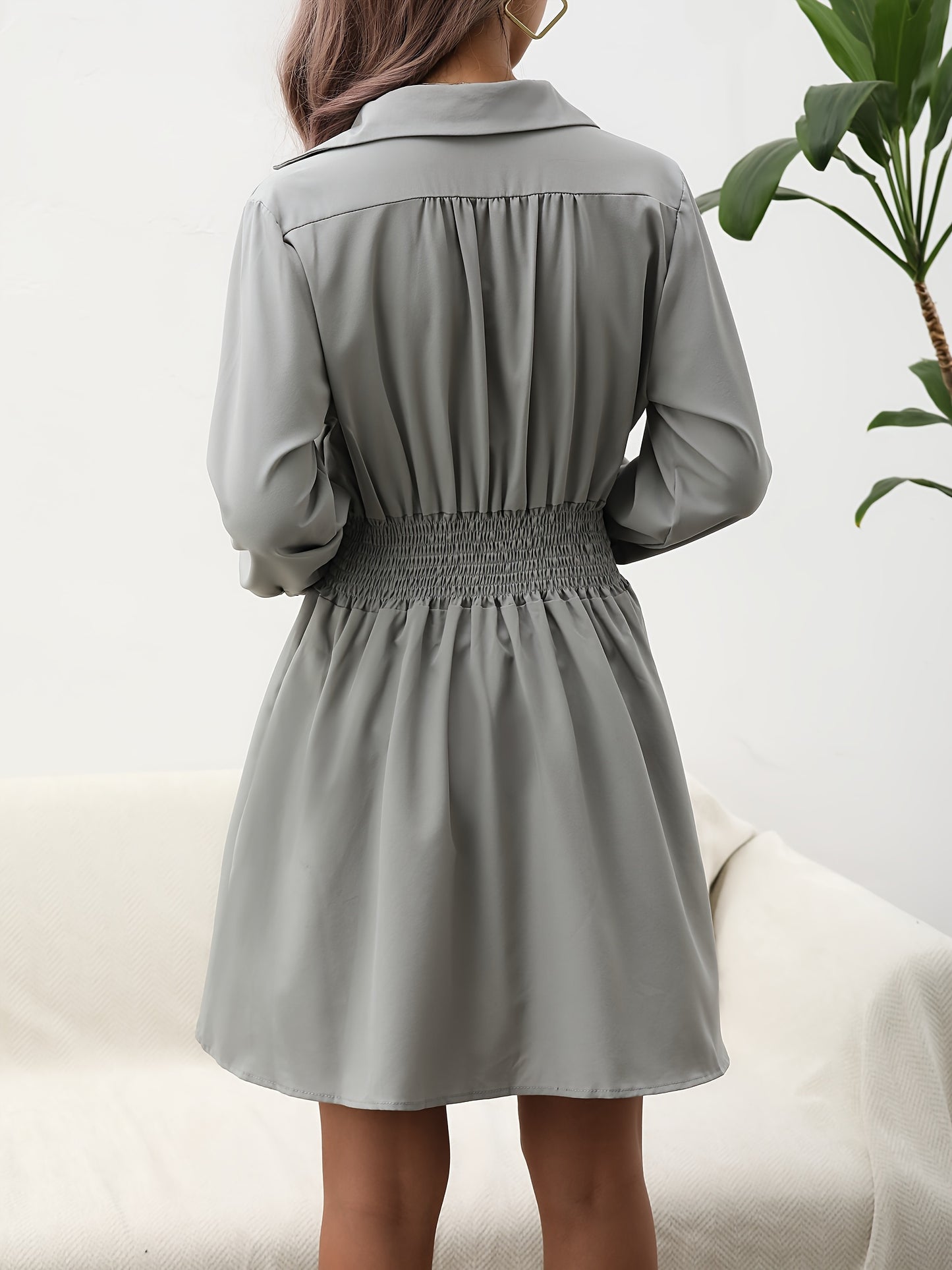 gbolsos Solid V Neck Shirred Waist Dress, Casual Long Sleeve Lapel Dress, Women's Clothing