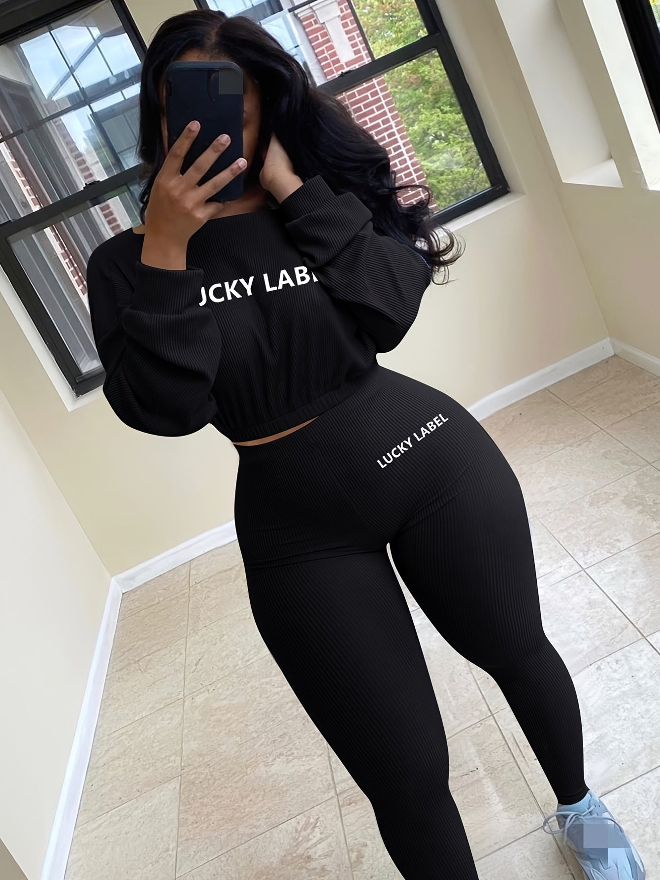 gbolsos Letter Print 2pc Set, Drop Shoulder Crew Neck Sweatshirt & Elastic Waist Jogging Pants Set, Women's Clothing