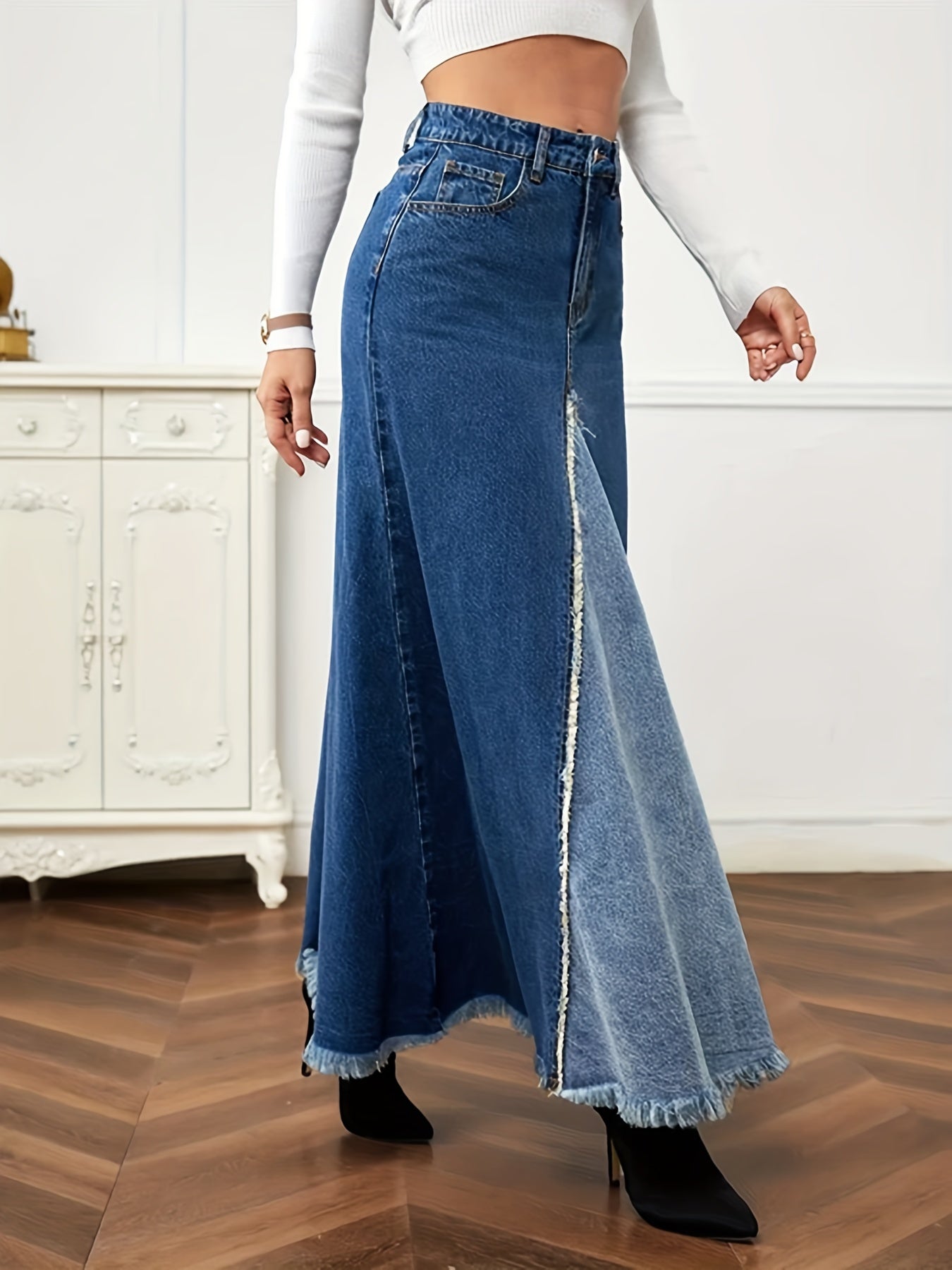 gbolsos Two Tone Patchwork Denim Midi Skirt, Frayed Hem Slant Pockets Chic Denim Skirt, Women's Denim Clothing