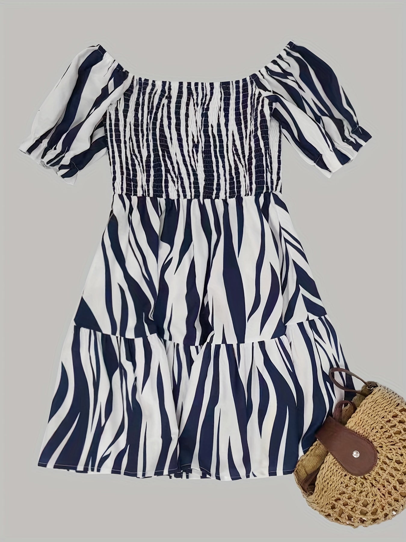 gbolsos Wave Print Off Shoulder Dress, Casual Ruched Short Sleeve Shirred Dress, Women's Clothing