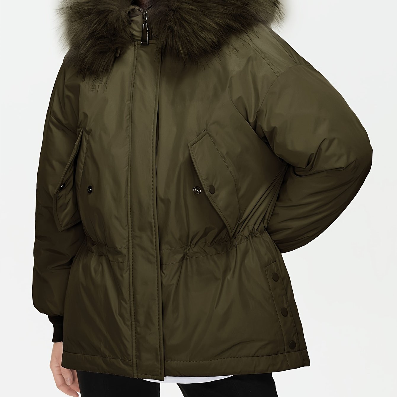 gbolsos Solid Drawstring Faux Fur Coat, Versatile Long Sleeve Pockets Winter Outwear, Women's Clothing