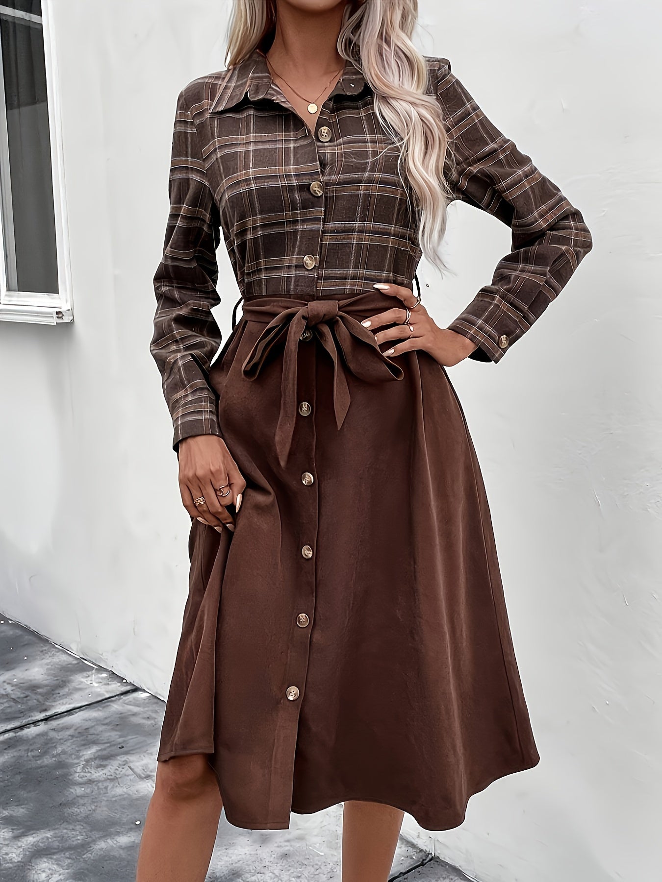 gbolsos Plaid Print Button Front Splicing Dress, Elegant Long Sleeve Dress, Women's Clothing