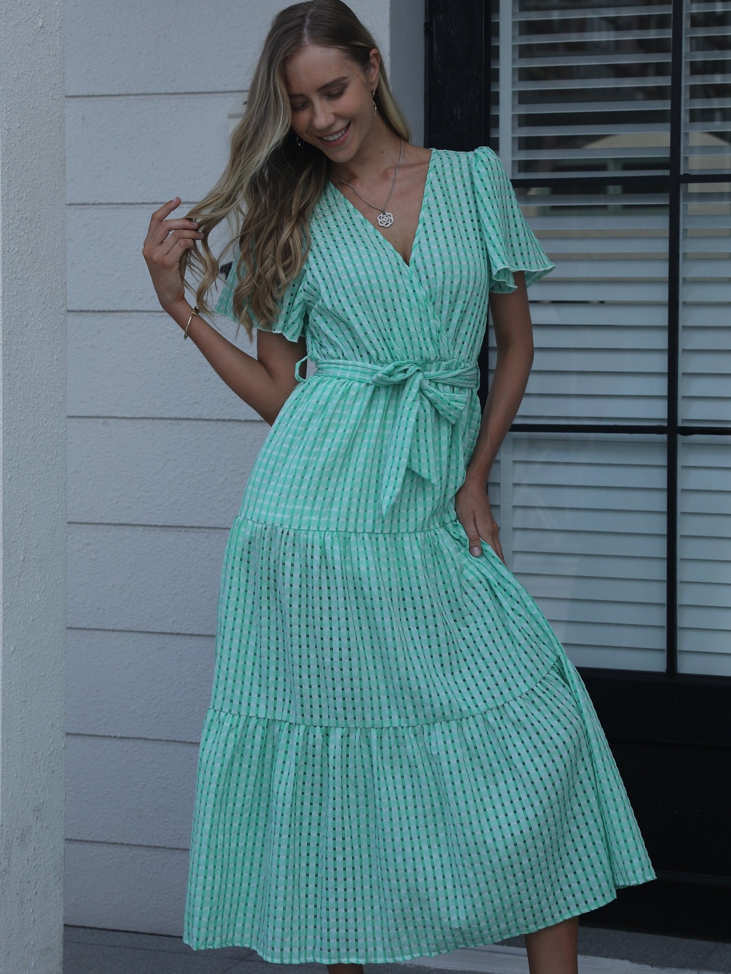 gbolsos Solid High Waist Dress, Casual Surplice Neck Short Sleeve Maxi Dress, Women's Clothing