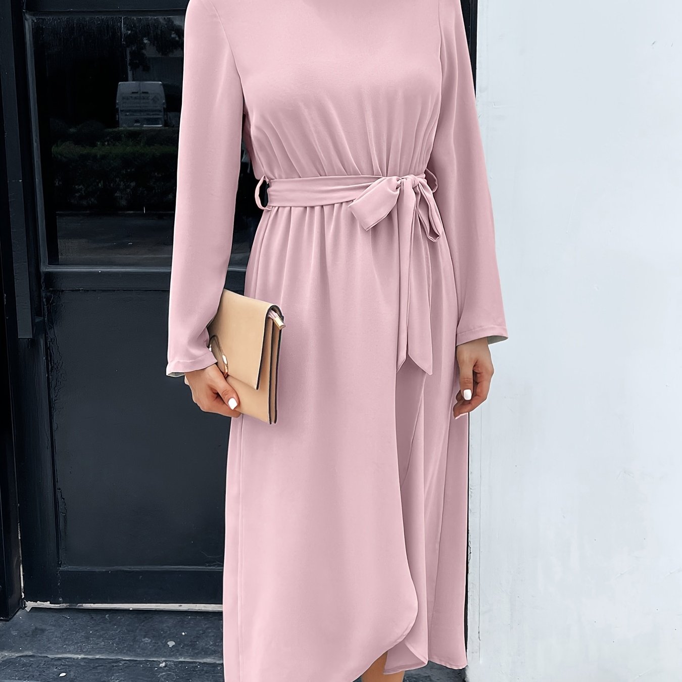 Elegant Solid Tie Front Dress, Crew Neck Long Sleeve Dress, Casual Every Day Dress, Women's Clothing