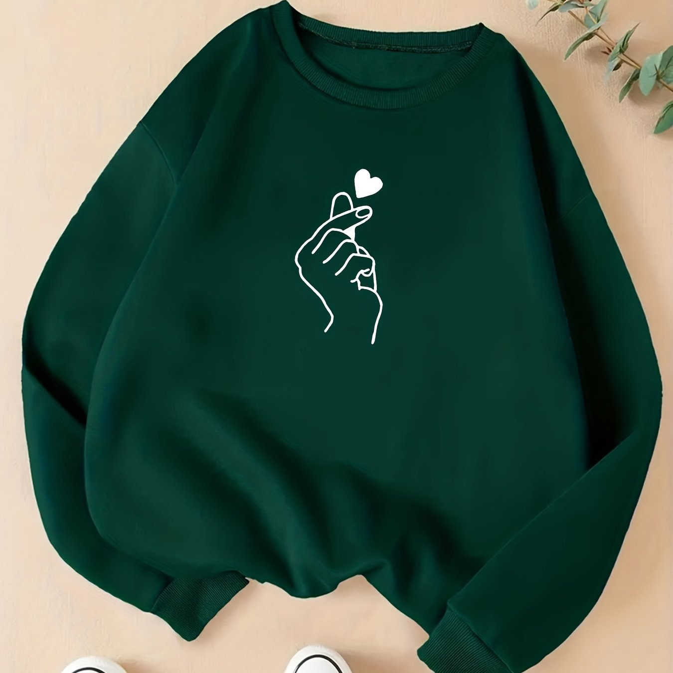 gbolsos Finger Heart Print Sweatshirt, Casual Long Sleeve Crew Neck Sweatshirt For Fall & Winter, Women's Clothing