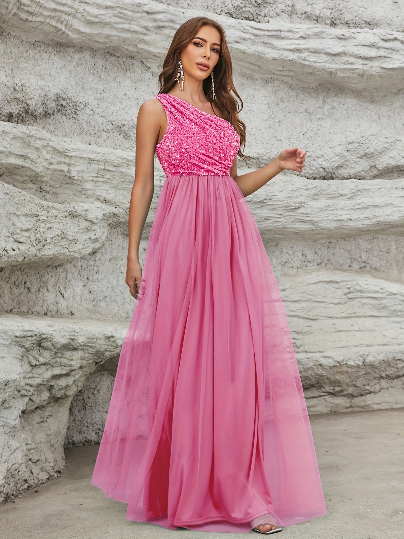 One Shoulder Sequin Dress, Elegant Sleeveless Dress For Party & Banquet, Women's Clothing