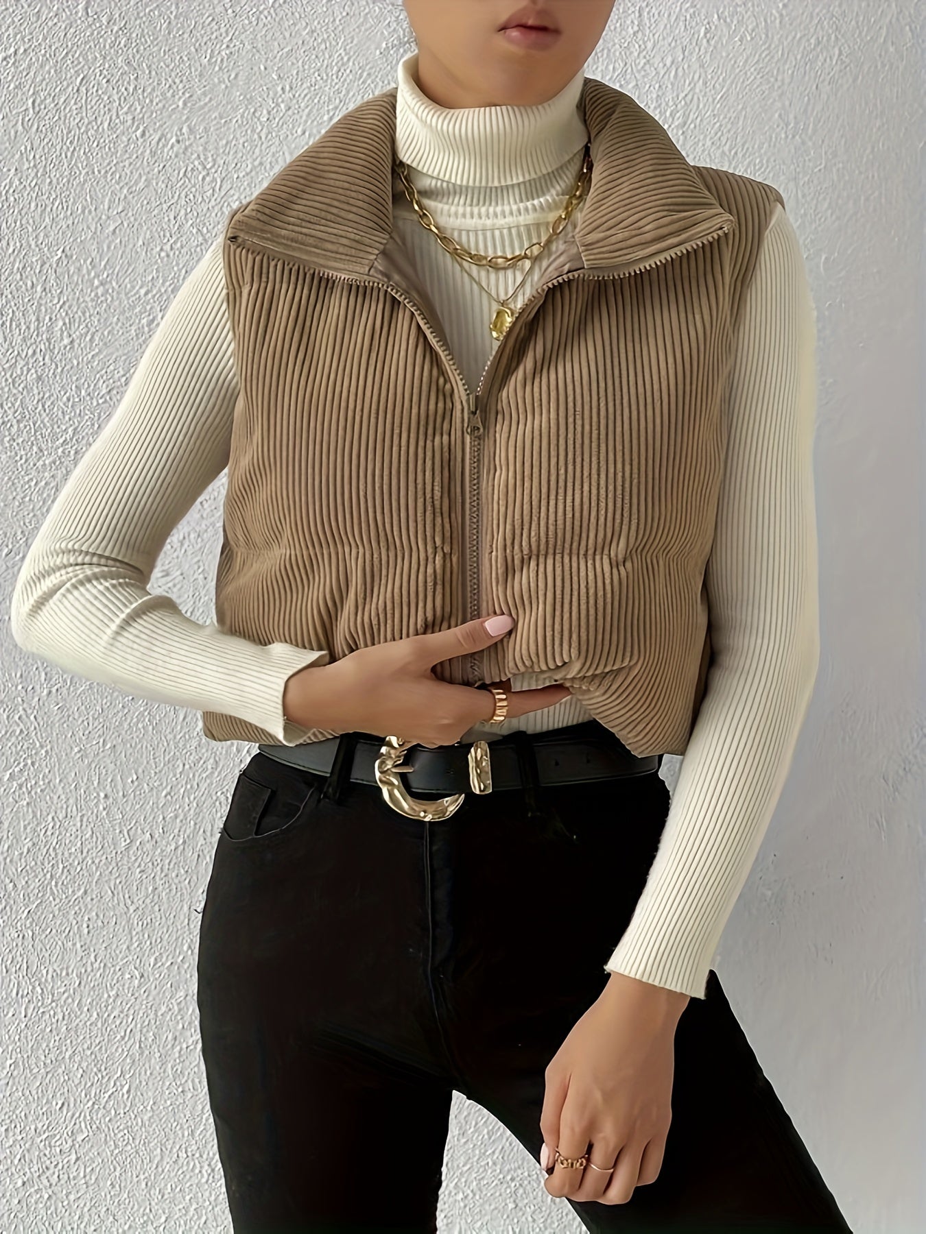 gbolsos Zip Up High Neck Vest, Casual Solid Simple Sleeveless Vest, Women's Clothing