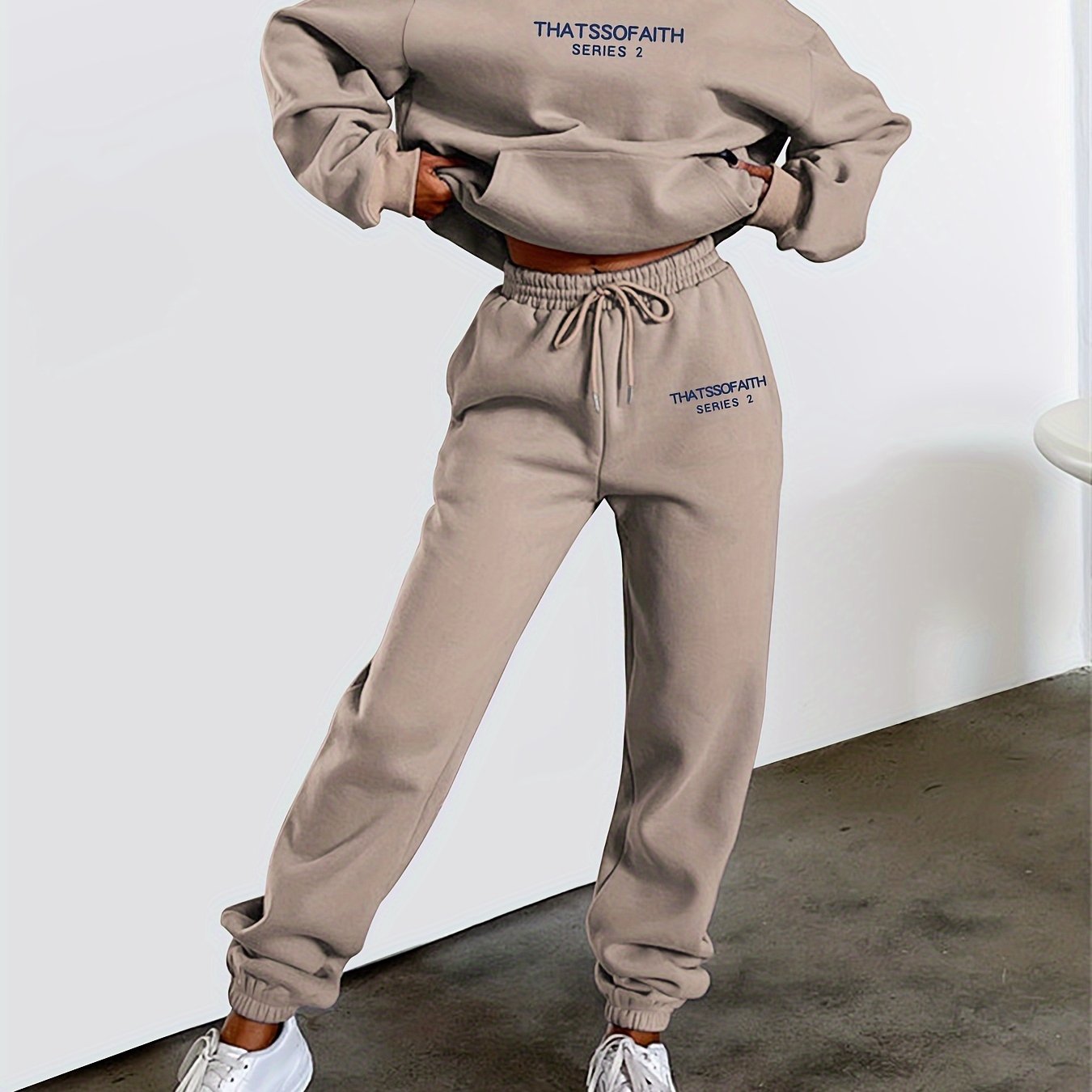 gbolsos Letter Print Casual Two-piece Set, Drawstring Hooded Tops & Drawstring Jogger Pants Outfits, Women's Clothing