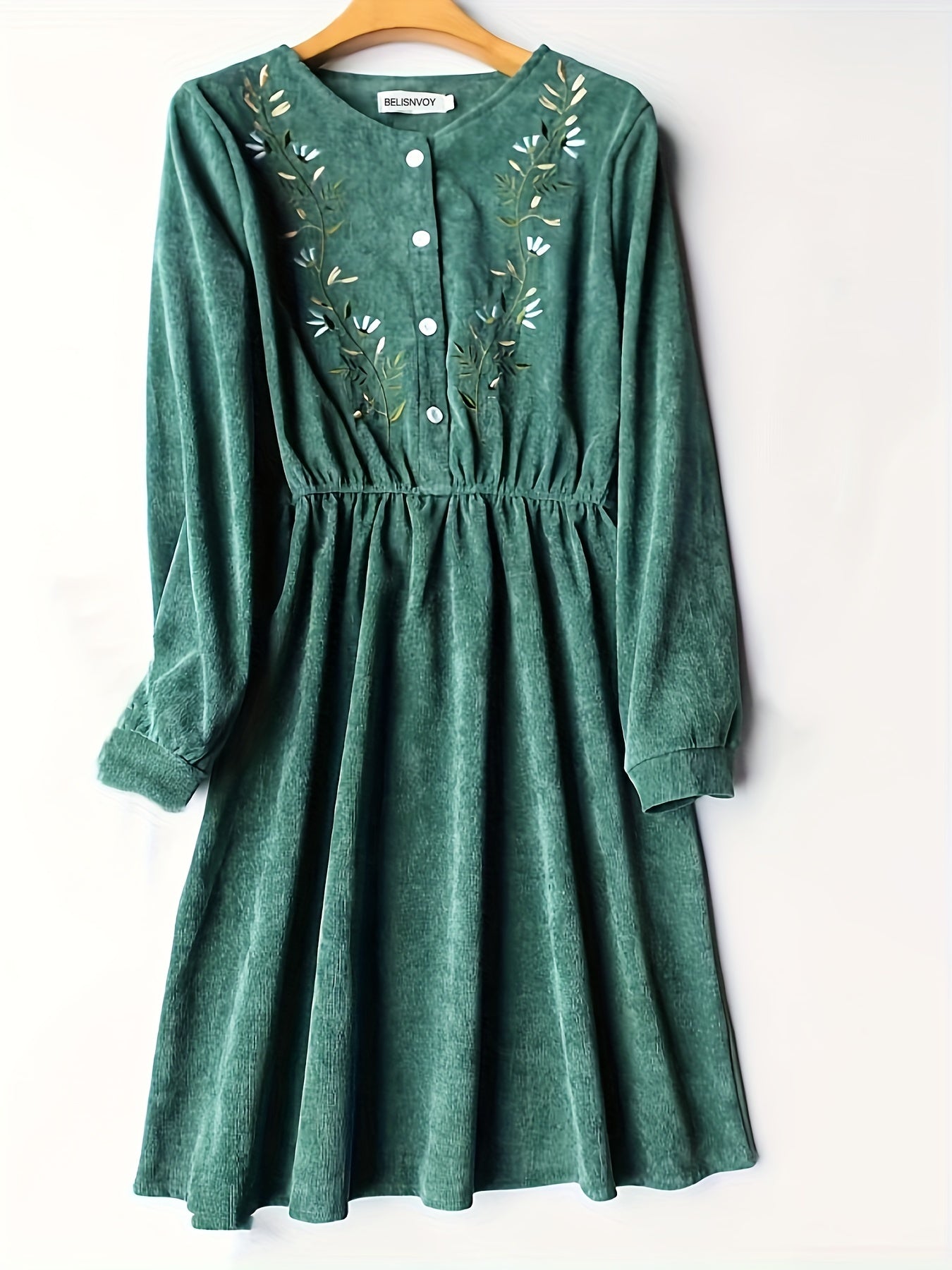 Button Front Floral Embroidered Dress, Vintage Slim Waist Pleated Long Sleeve Dress, Women's Clothing