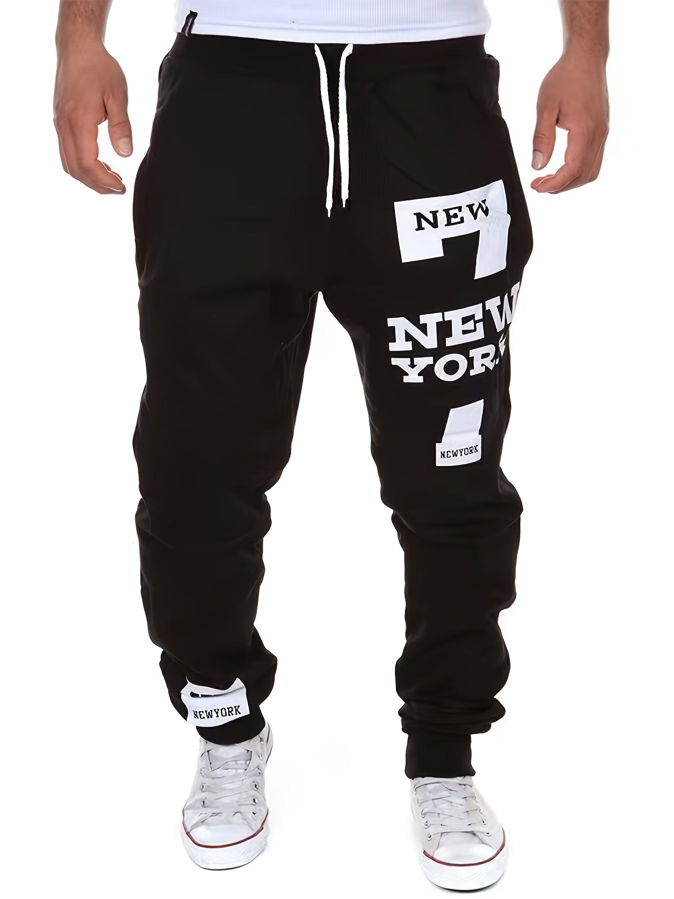 gbolsos "New York" Print Tapered Joggers, Men's Casual Stretch Waist Drawstring Sweatpants For All Seasons