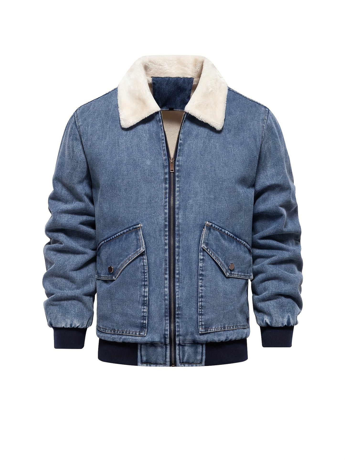 gbolsos Warm Fleece Denim Jacket, Men's Casual Flap Pocket Jacket Coat With Fur Collar For Fall Winter
