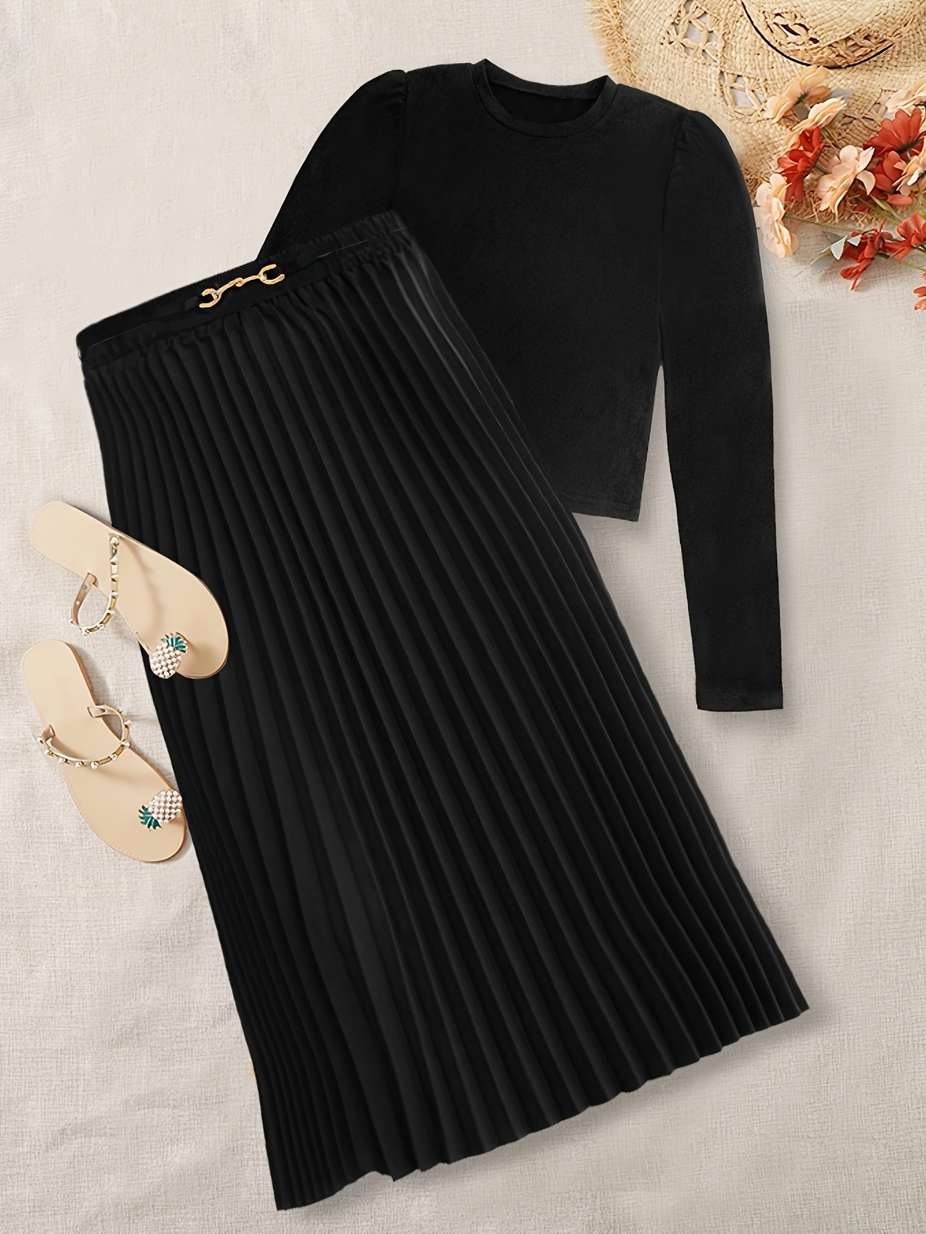 Solid Elegant Two-piece Set, Crew Neck Long Sleeve Tops & Pleated Skirts Outfits, Women's Clothing