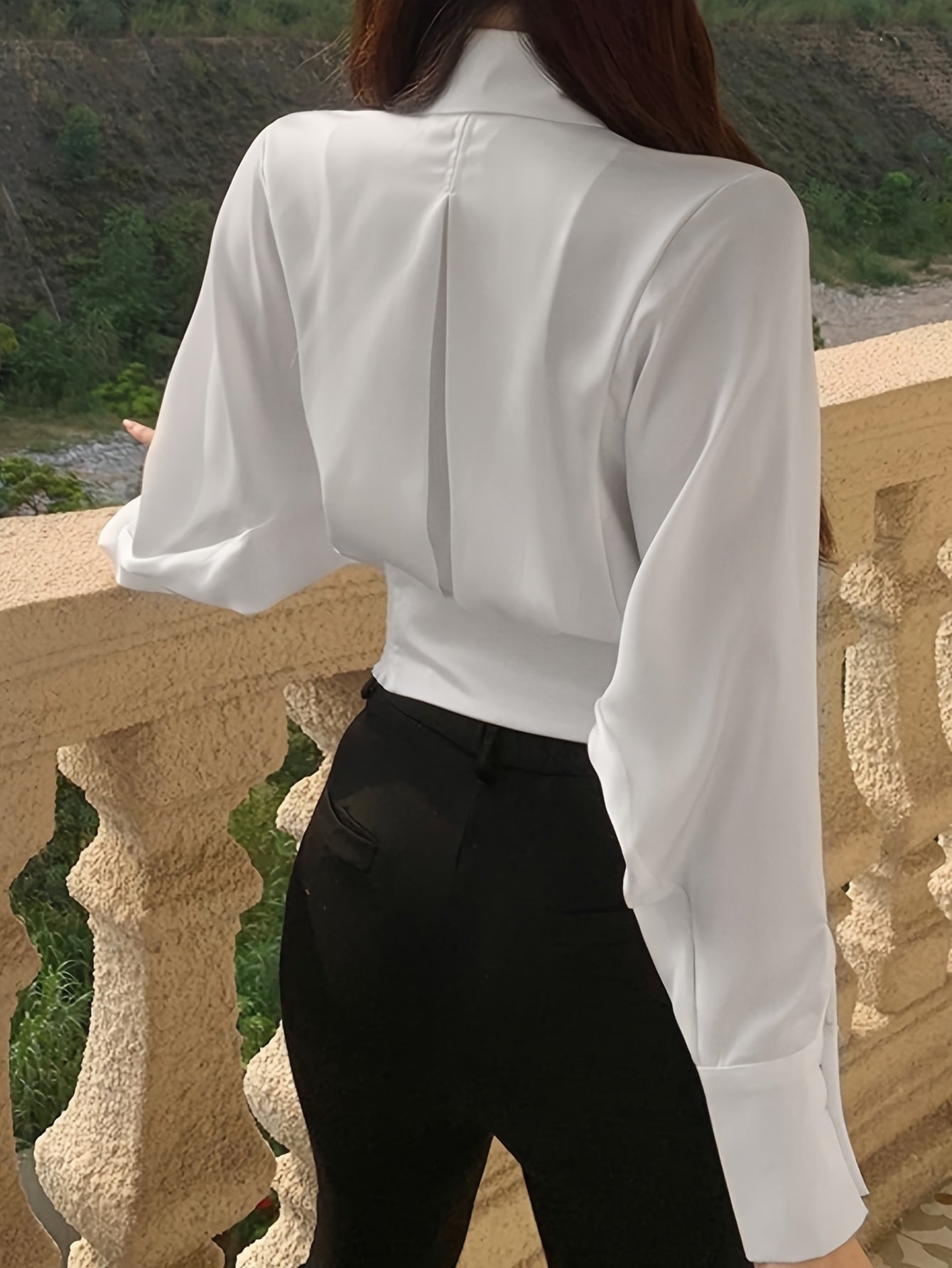 gbolsos Solid Button Front Slim Shirt, Elegant Long Sleeve Shirt For Spring & Fall, Women's Clothing