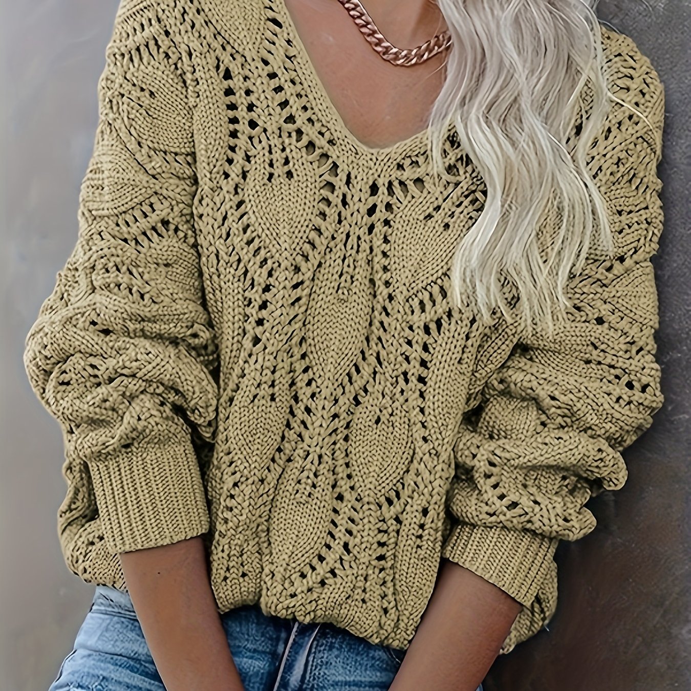 Cut Out V Neck Sweater, Casual Long Sleeve Sweater For Fall & Winter, Women's Clothing