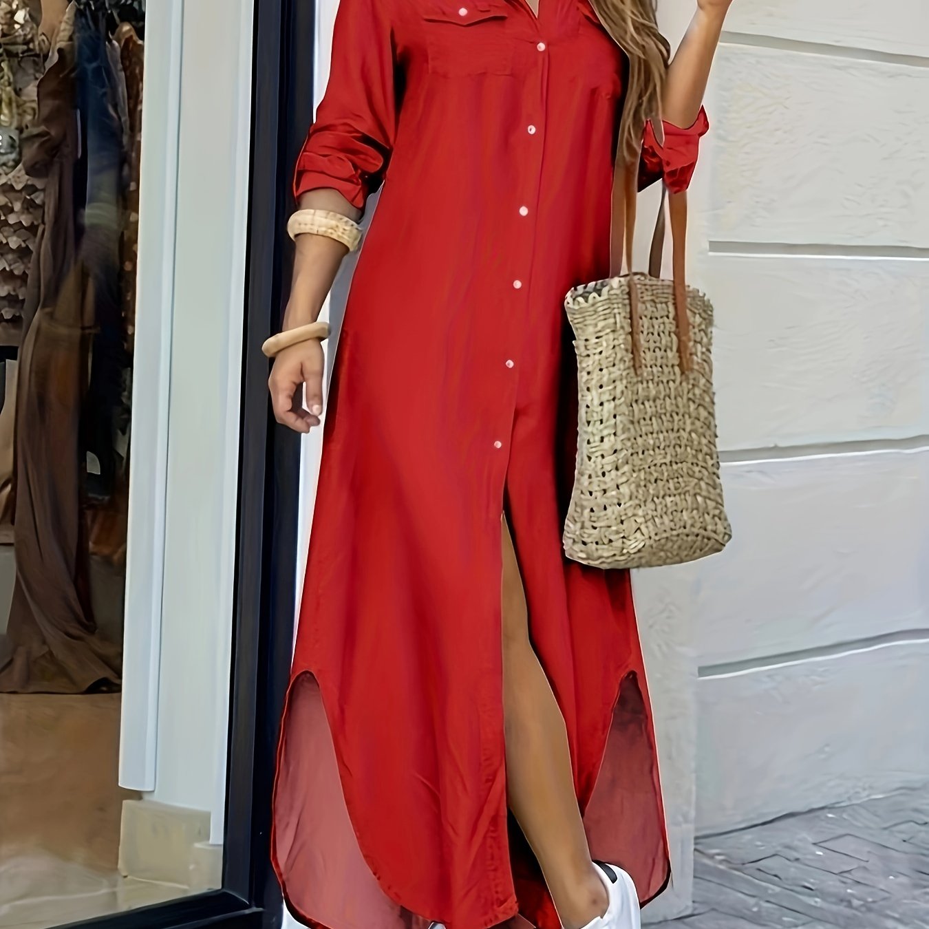 gbolsos Solid Button Front Shirt Dress, Casual Hem Arc Maxi Dress, Women's Clothing