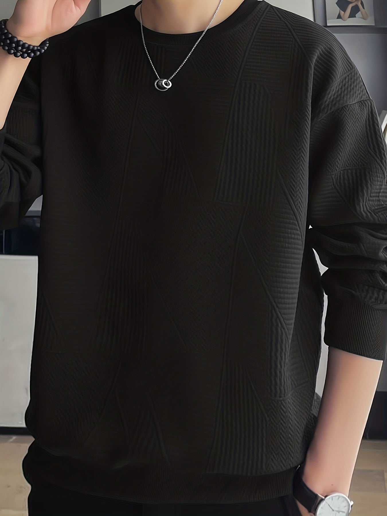 gbolsos Men's Crew Neck Long Sleeve Sweatshirt, Casual Wear, Solid Pullover, Men's Clothing For Spring Fall Winter