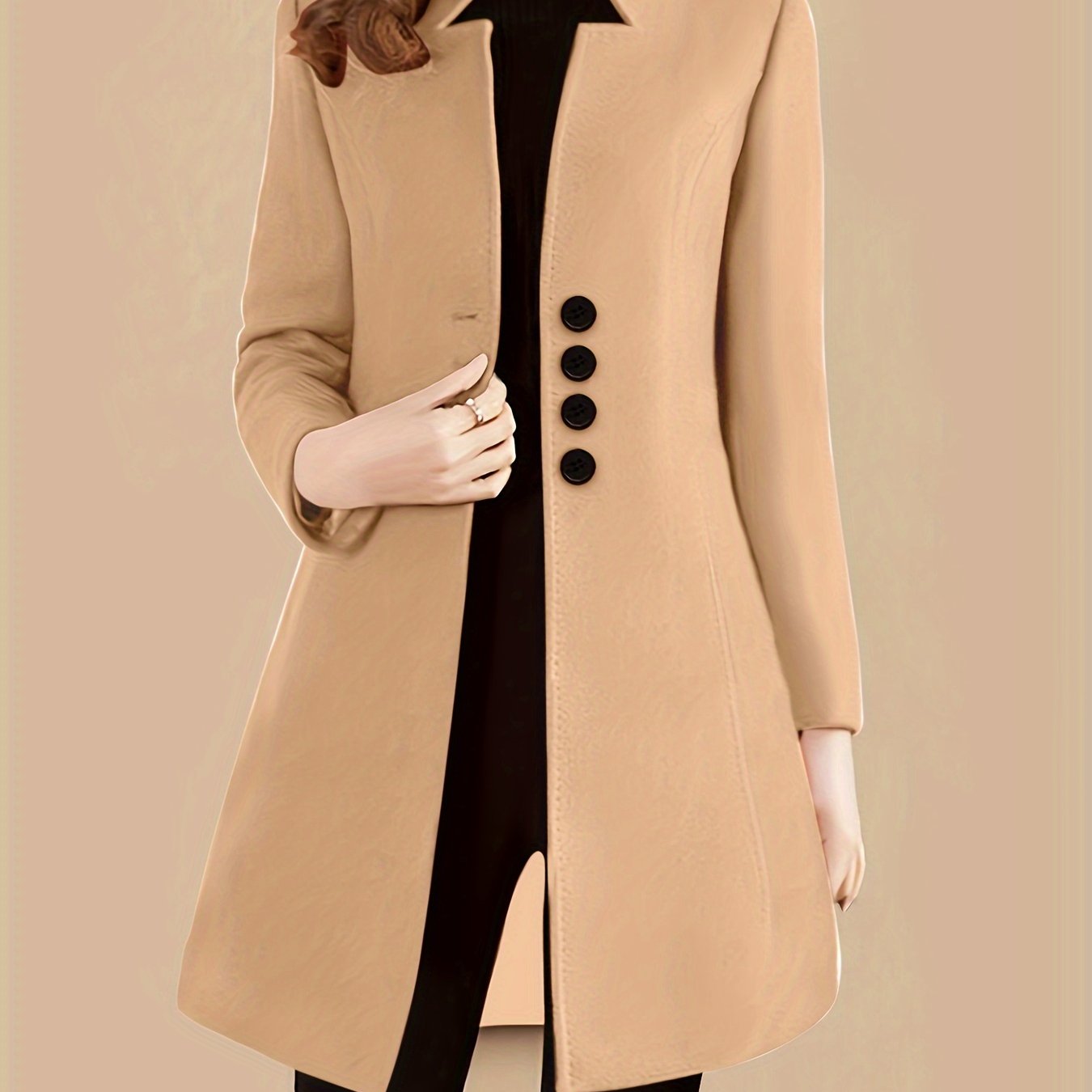 gbolsos Single Breasted Solid Coat, Elegant Long Sleeve Versatile Outerwear, Women's Clothing