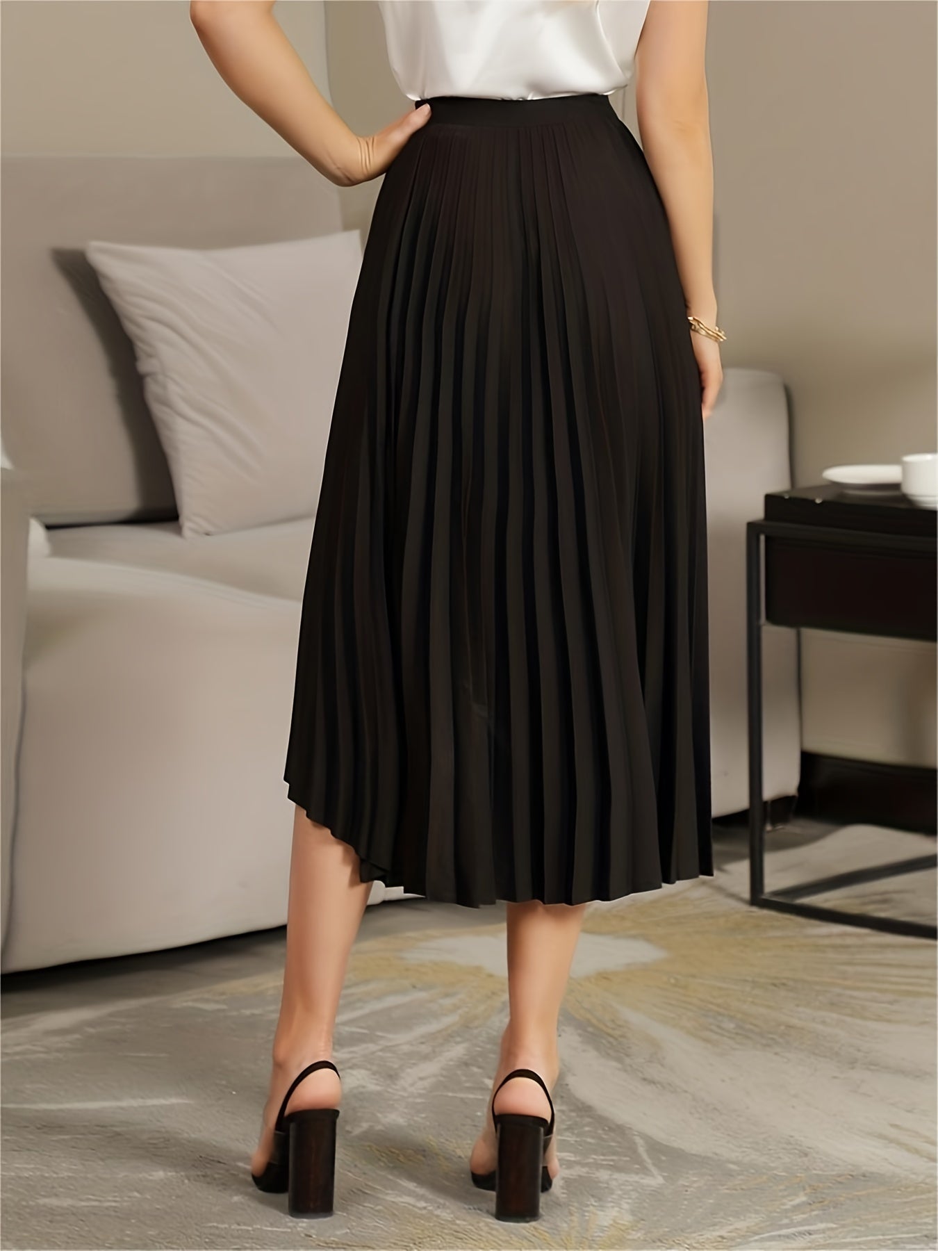 Solid Pleated Skirts, Elegant Asymmetrical High Waist A Line Skirts, Women's Clothing