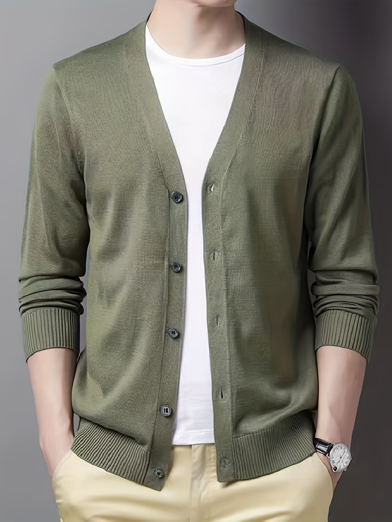 gbolsos Men's V-neck Casual Cardigan, Plain Thermal Regular Fit Knit Sweater For Spring Autumn