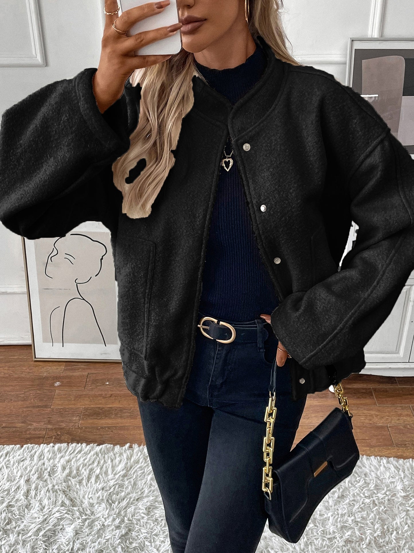 gbolsos Button Front Top-stitching Jacket, Casual Long Sleeve Slant Pockets Jacket For Fall & Winter, Women's Clothing