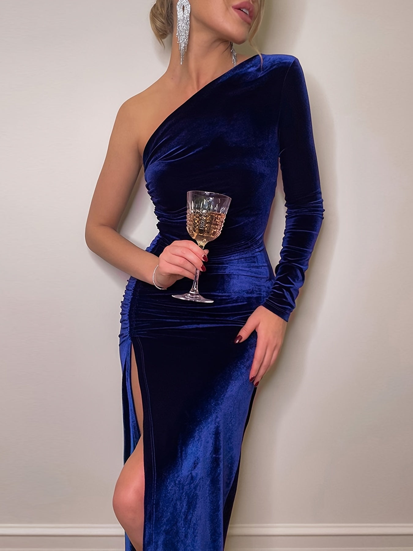 gbolsos Solid One Shoulder Long Sleeve Split Tunic Dress, Elegant Bodycon Bag Hip Ruffled Dress, Women's Clothing