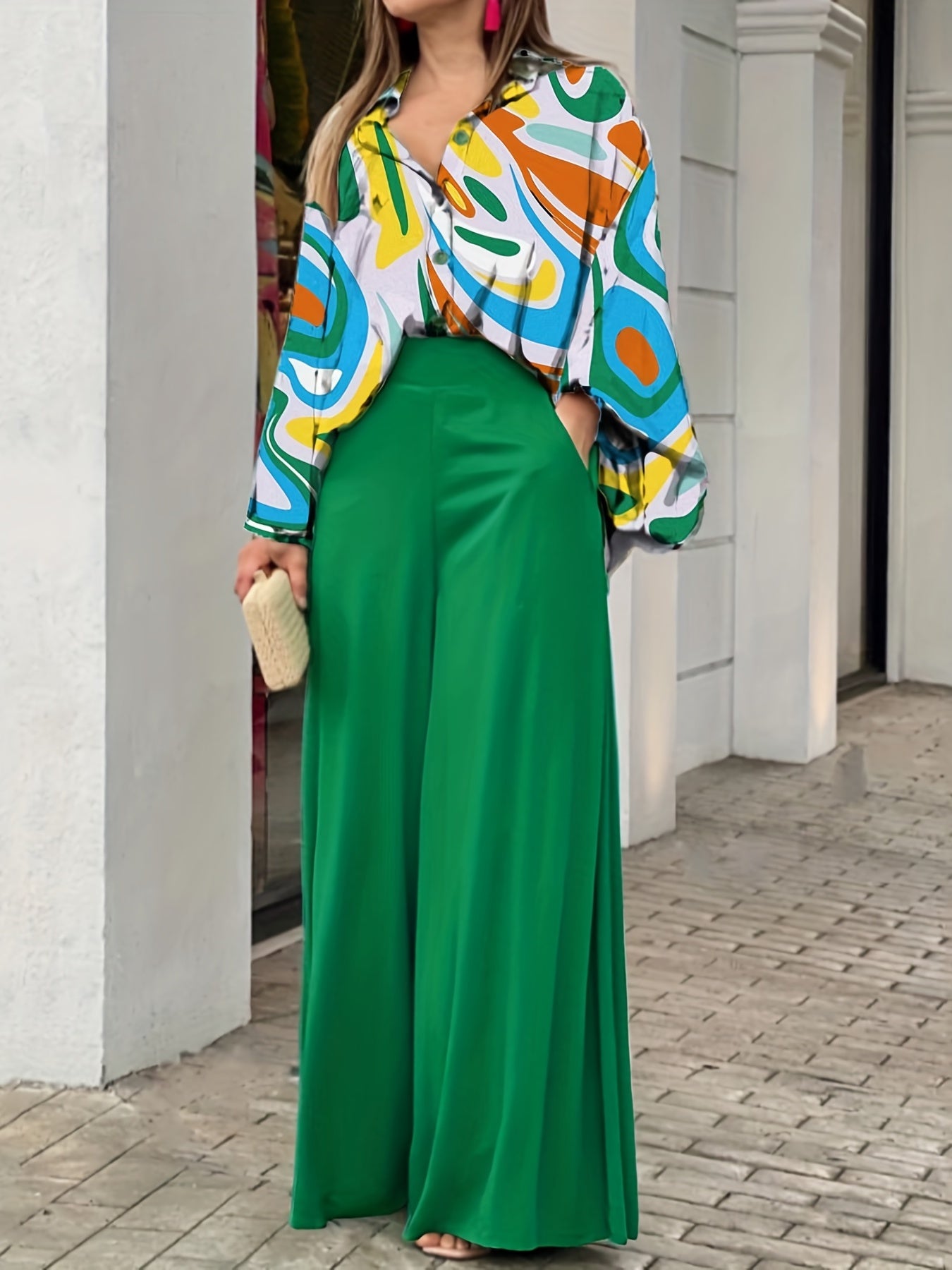 gbolsos Batwing Sleeve Tie Dye Blouse & High Waist Solid Pantsuits