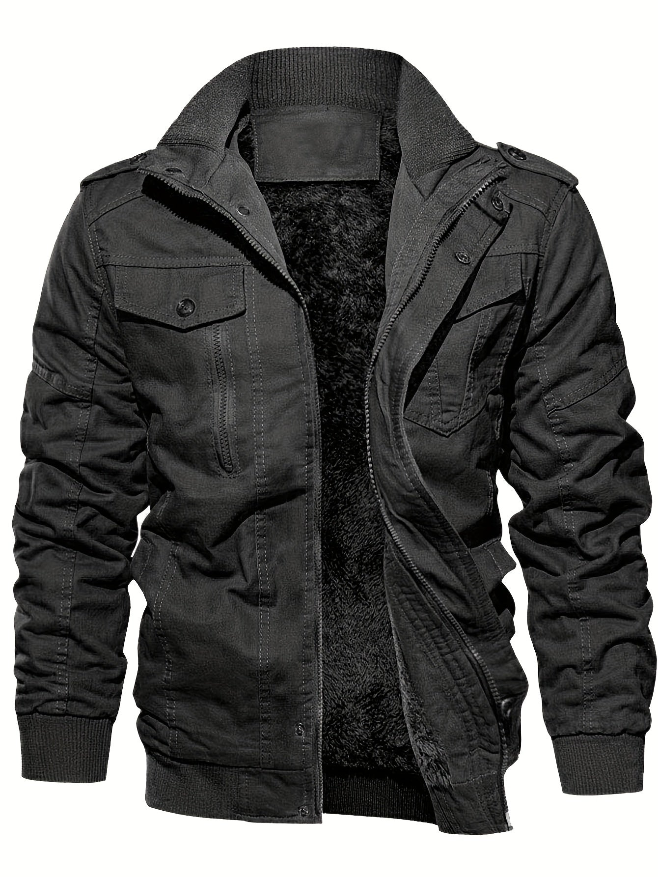 gbolsos Warm Plush Fleece Cotton Jacket, Men's Casual Zipper Pockets Stand Collar Jacket Coat For Fall Winter
