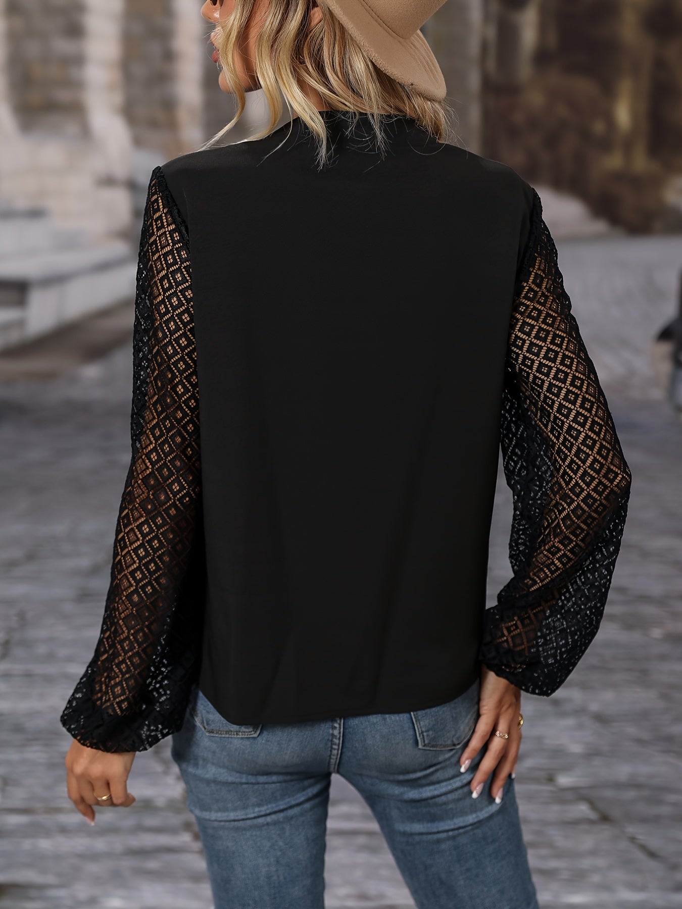 gbolsos Solid Crew Neck Long Mesh Sleeve Lace Shirt, Mature Loose Hollow Out Shirt, Women's Clothing