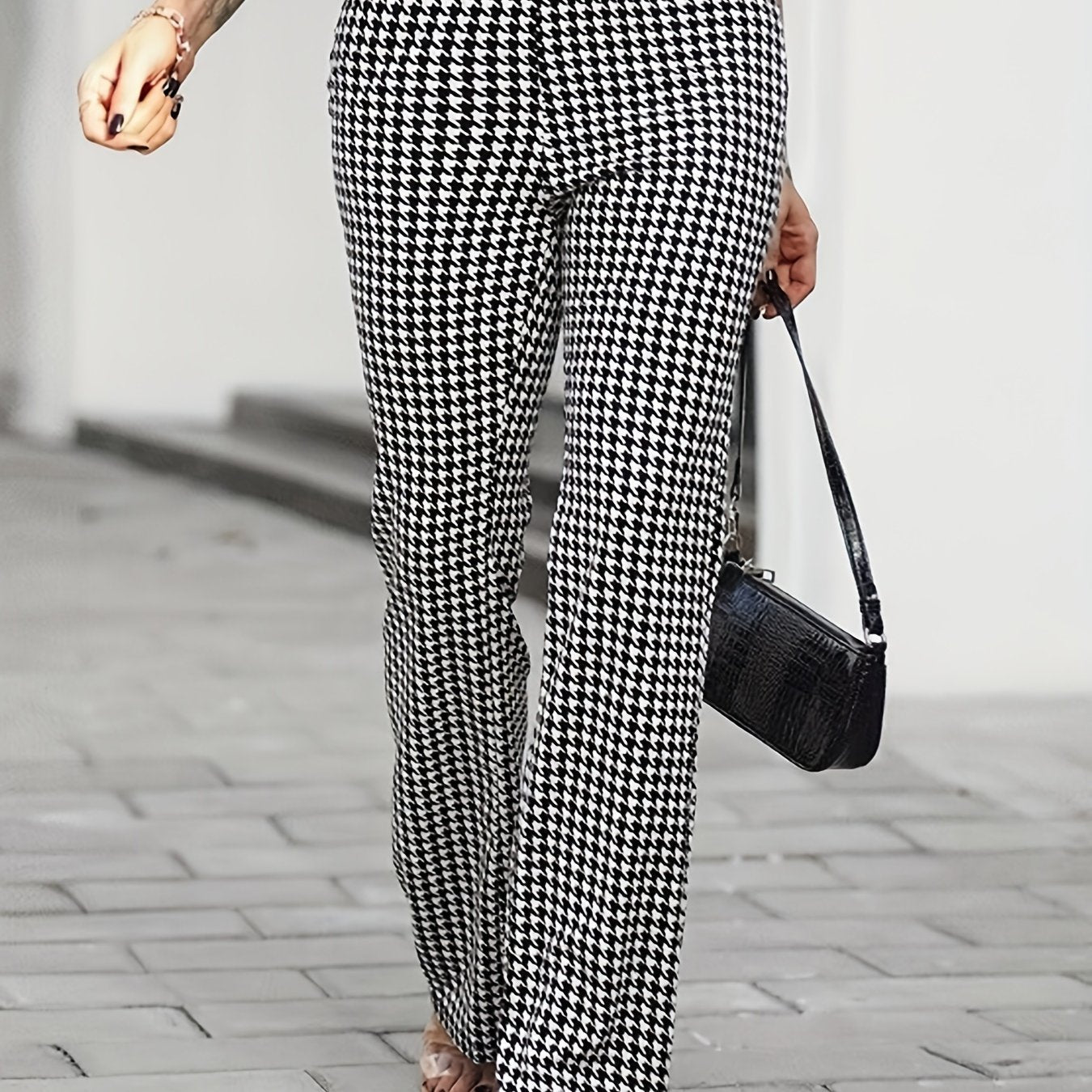 gbolsos Houndstooth Straight Leg Pants, Elegant Stretchy Button High Waist Pants, Women's Clothing