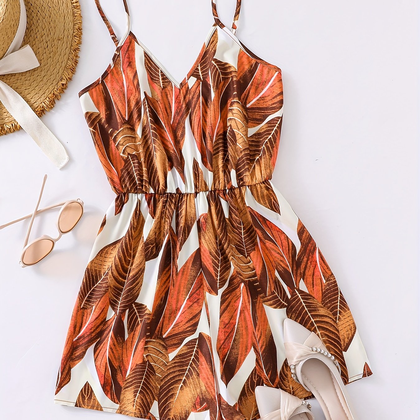 gbolsos Tropical Print V-neck Cami Romper Jumpsuit, Casual Sleeveless Romper Jumpsuit, Women's Clothing