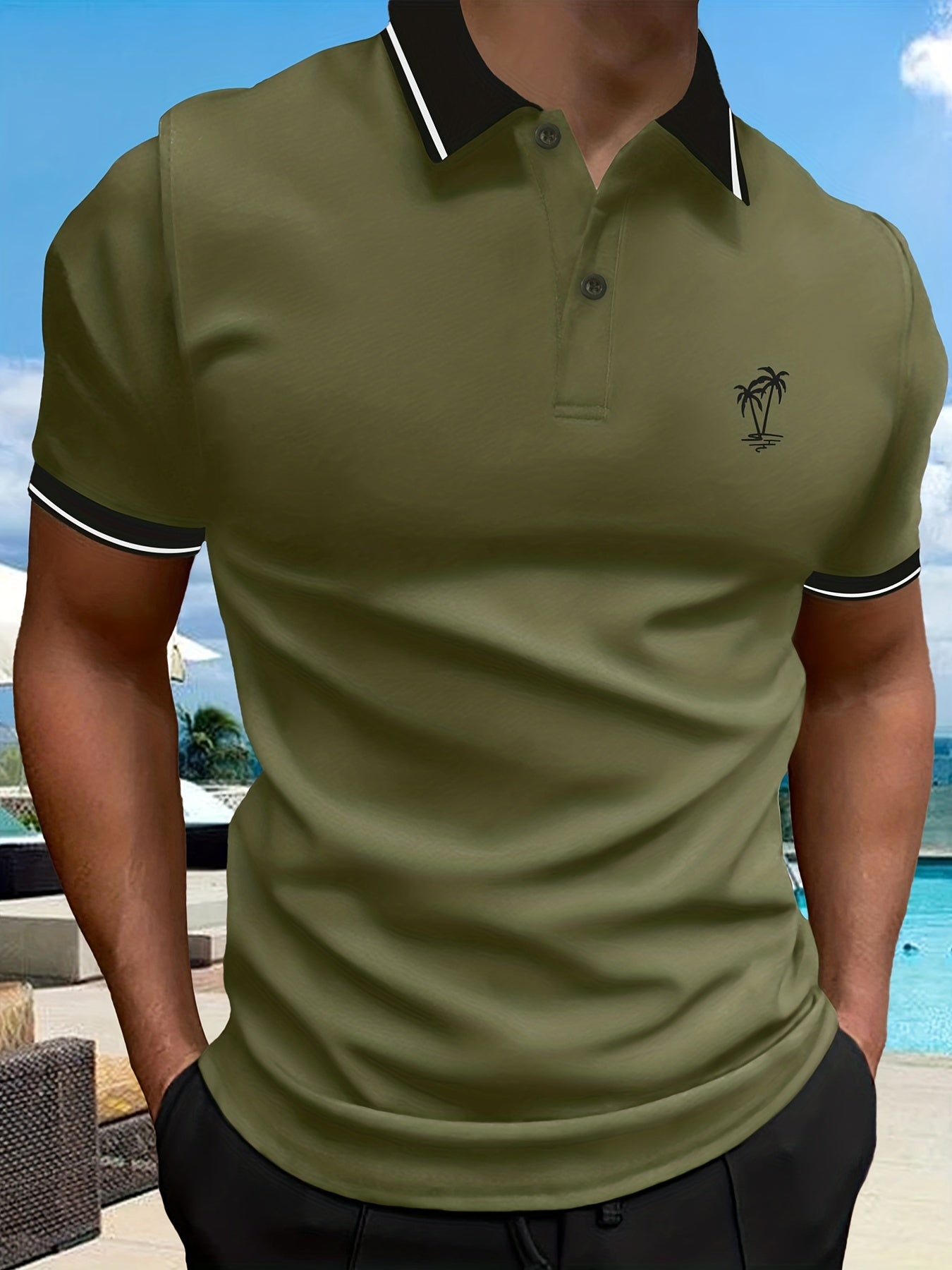 gbolsos Casual Short Sleeves Button Up Graphic Polo Shirts, V-neck Tops Pullovers, Men's Clothing For Summer