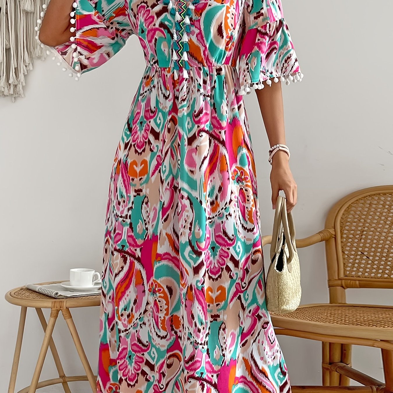 gbolsos Ikat Print Tassel Dress, Vacation V Neck High Waist Maxi Dress, Women's Clothing